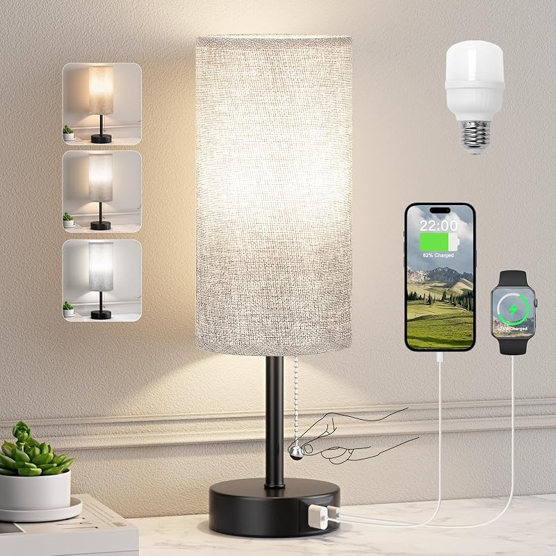 Grey Bedside Lamp for Bedroom Nightstand - Small Table Lamp with USB Ports