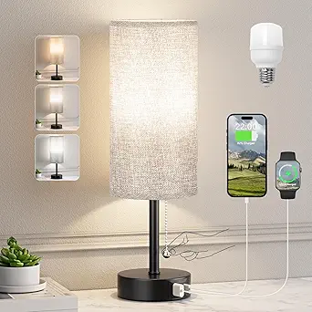 Grey Bedside Lamp for Bedroom Nightstand - Small Table Lamp with USB A + C Charging Port, 3 Color Temperatures Pull Chain Night Stand Light with Bulb, Side Table Desk Reading Lamp for Living Room/Dorm