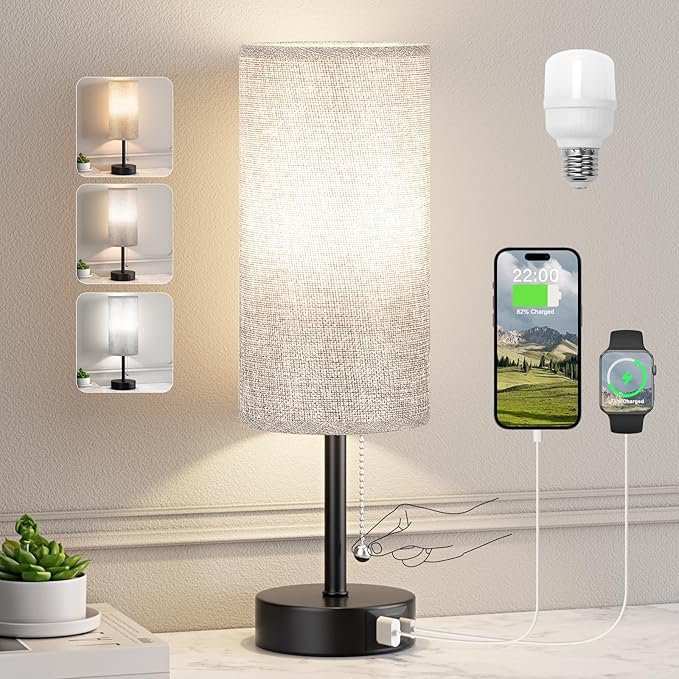 PartageiZ Grey Bedside Lamp for Bedroom Nightstand - Small Table Lamp with USB A + C Charging Port, 3 Color Temperatures Pull Chain Night Stand Light with Bulb, Side Table Desk Reading Lamp for Living Room/Dorm