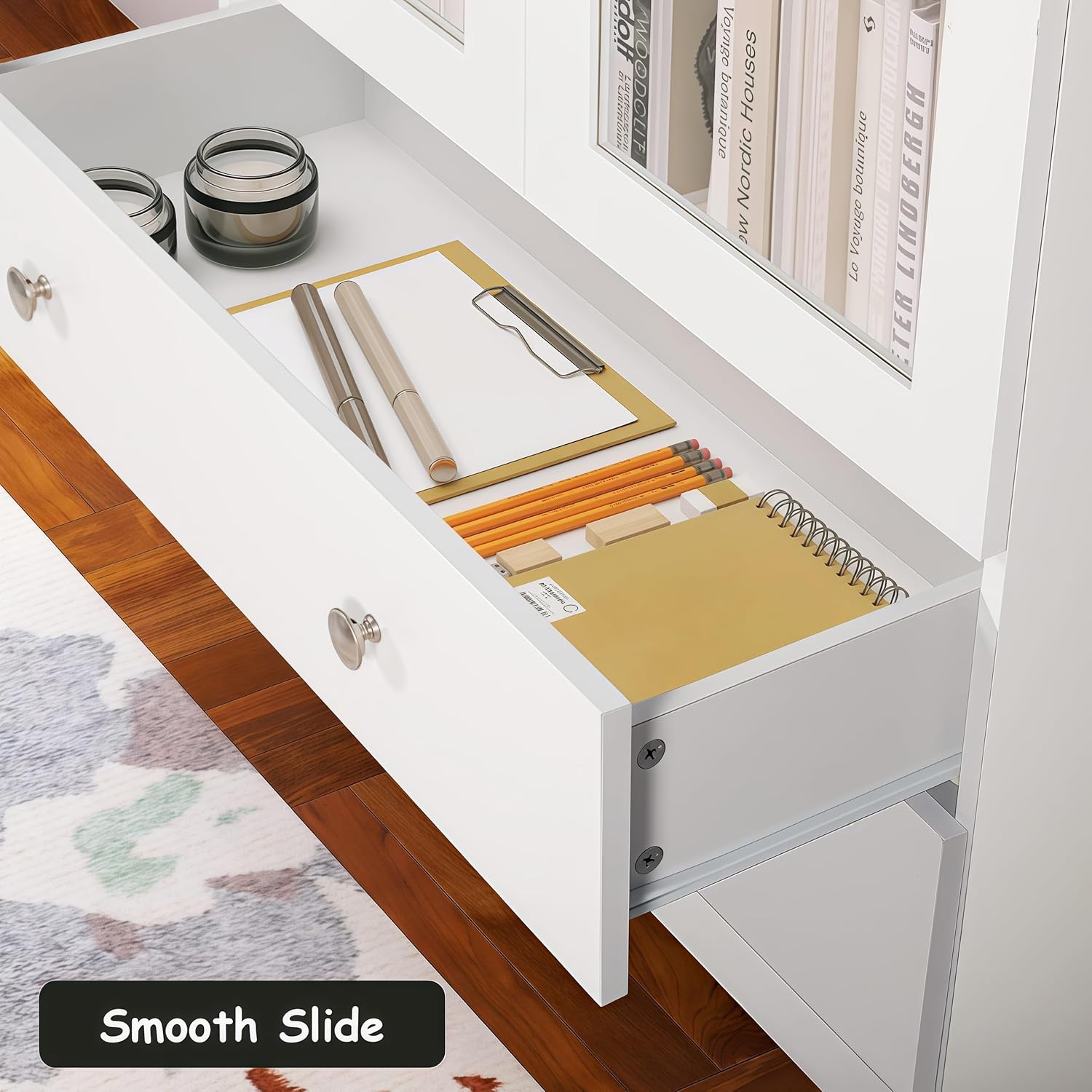 YIGOBUY Bookcase with Glass Doors 4-Tier Tall Bookshelf with Cabinet and Drawers Wood Curio Storage Cabinets Wide 4 Cube Storage Organizer for Living Room Bedroom Bathroom Office Kitchen