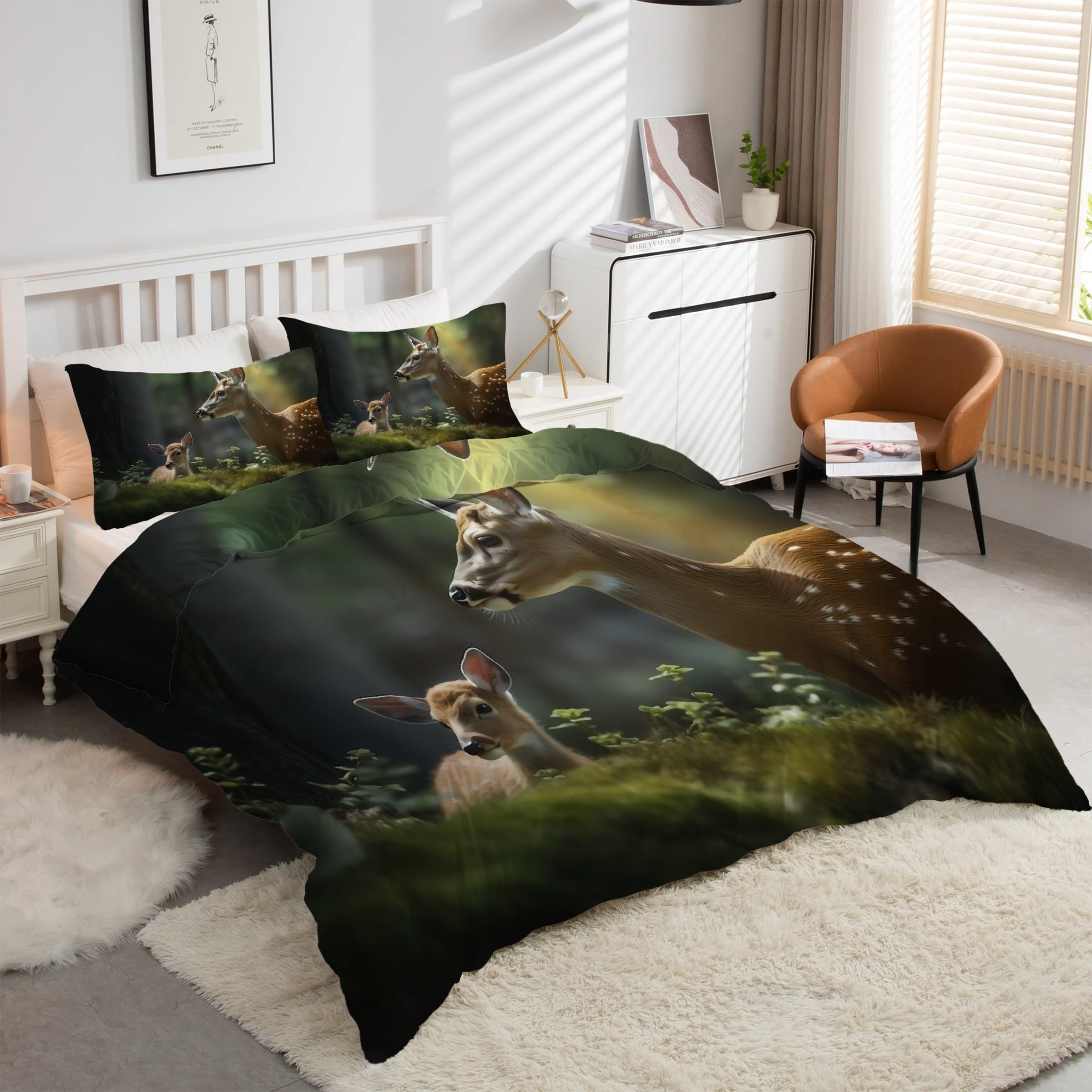 Housse de Couette 220x240 Cerf Sika sans Repassage : Literie 3 Pièces Anti-Plis avec Fermeture