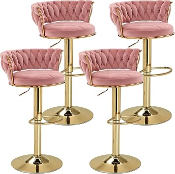 VECELO Bar Stools Set of 4, Adjustable Barstools Counter Height Stools with Back and Arm, Velvet Woven Kitchen Island Stools w/Gold Metal Leg Base, 360 Swivel Bar Stools, Pink