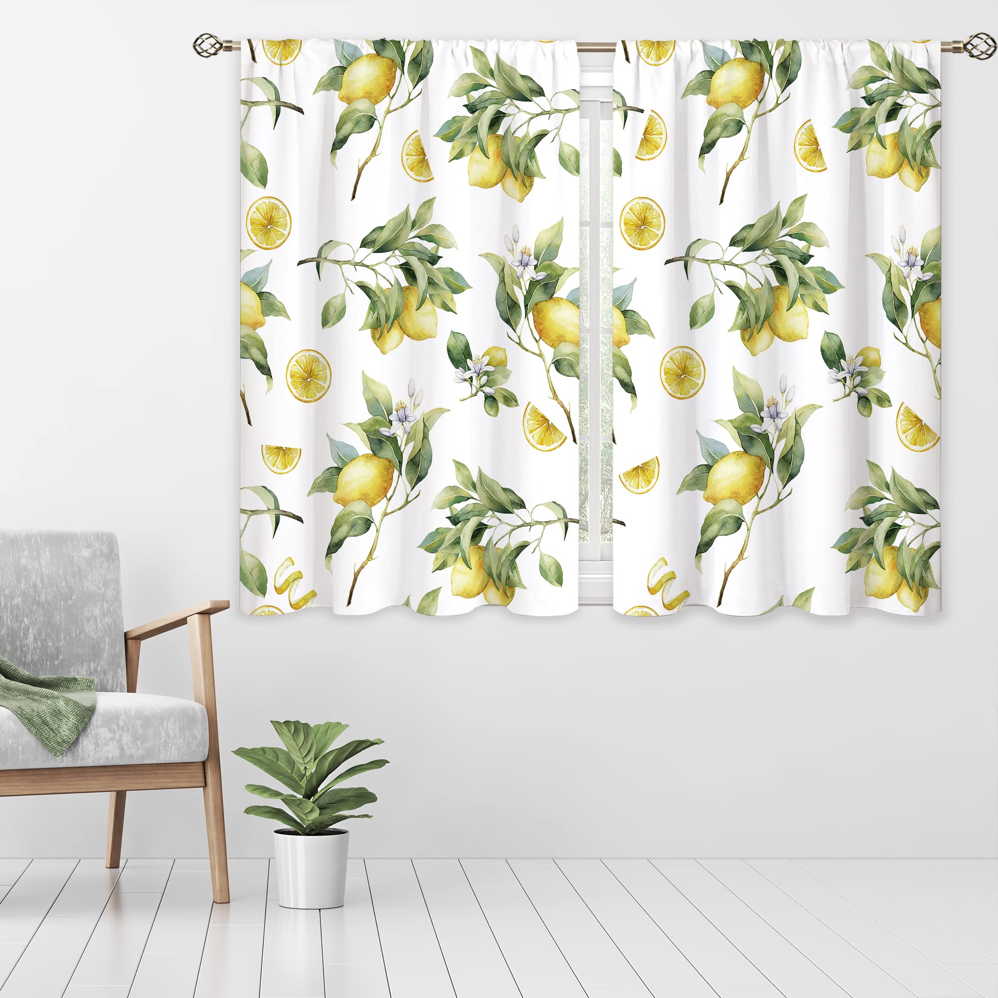 oolygoo Lemon Fruit Small Kitchen Curtains Green Yellow Leaf Summer Window Treatment Tropical Cafe Short Window Curtains for Bathroom Dining Laundry Room Floral Flower Treatment Drapes 27.5x39 inch - Image 3
