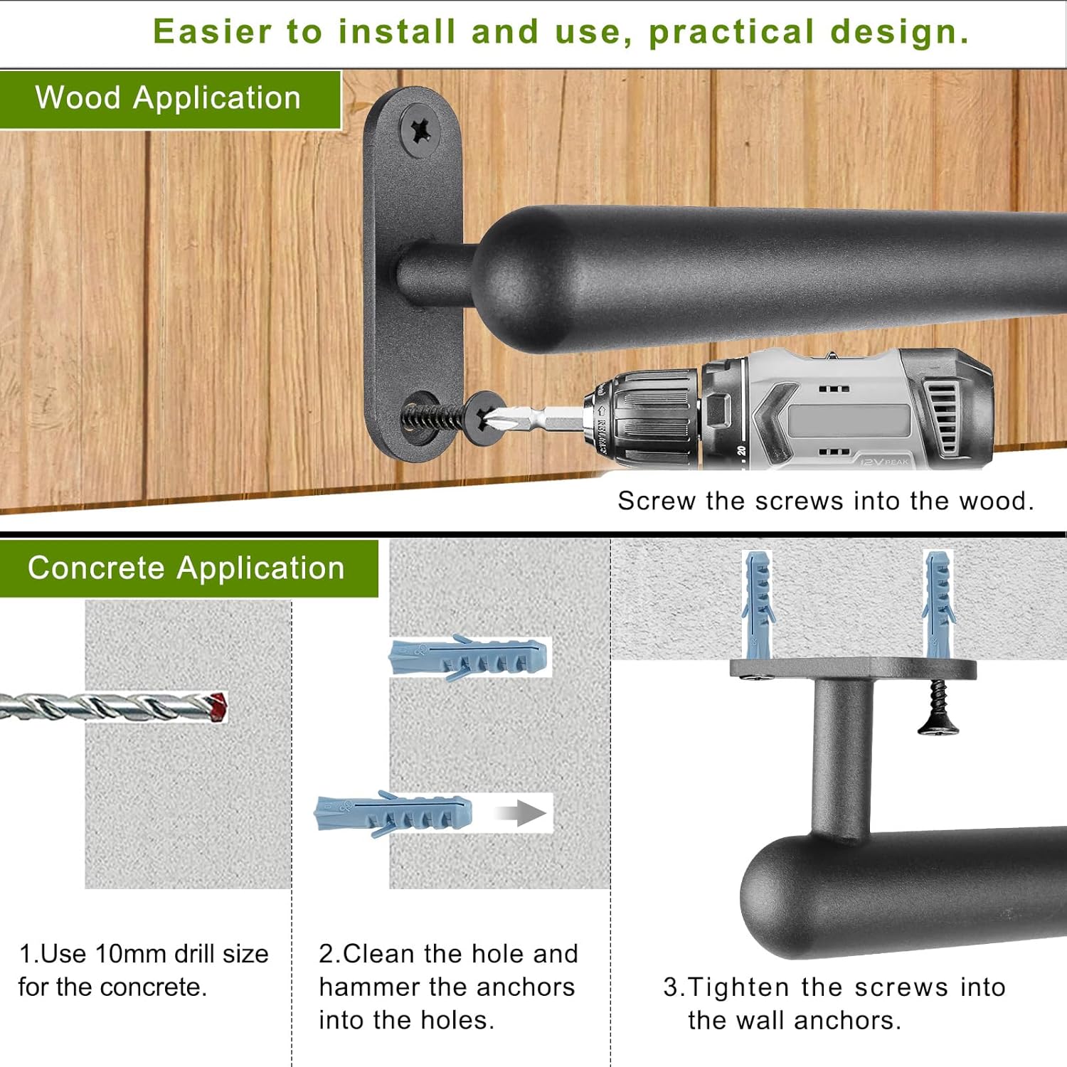 Dolibest 36 Inch Wall Mount Metal Handrail, Staircase Step Handrail, Non-Slip Safety Grab Handle, Barrier-Free Staircase Grab Bar for Elderly, Indoor & Outdoor Use, 1.3 Inch Round (Black)
