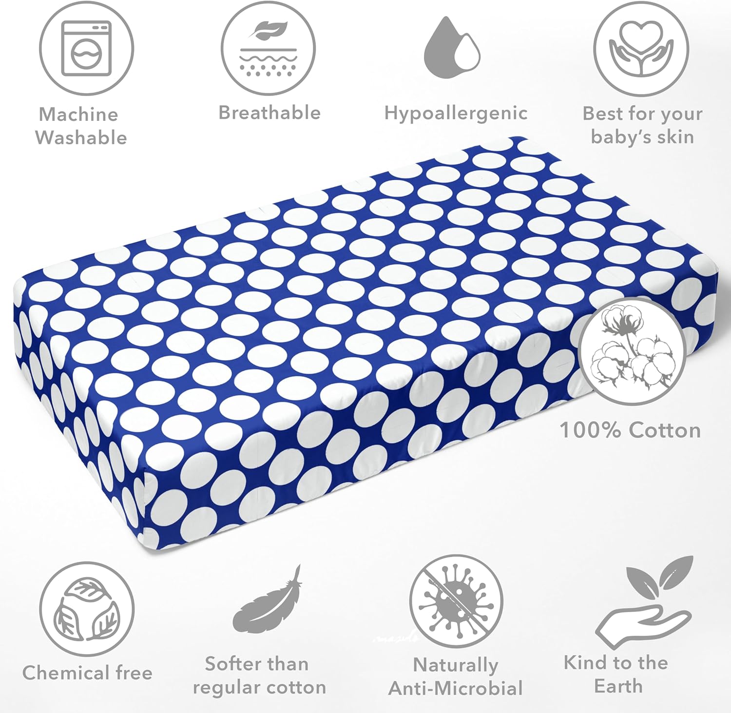 Bacati - ONE Large DOTS Soft Breathable 100% Cotton Percale Baby Crib Fitted Sheet - Fits Standard 28 x 52 x 5 Crib & Toddler Mattresses (Navy)