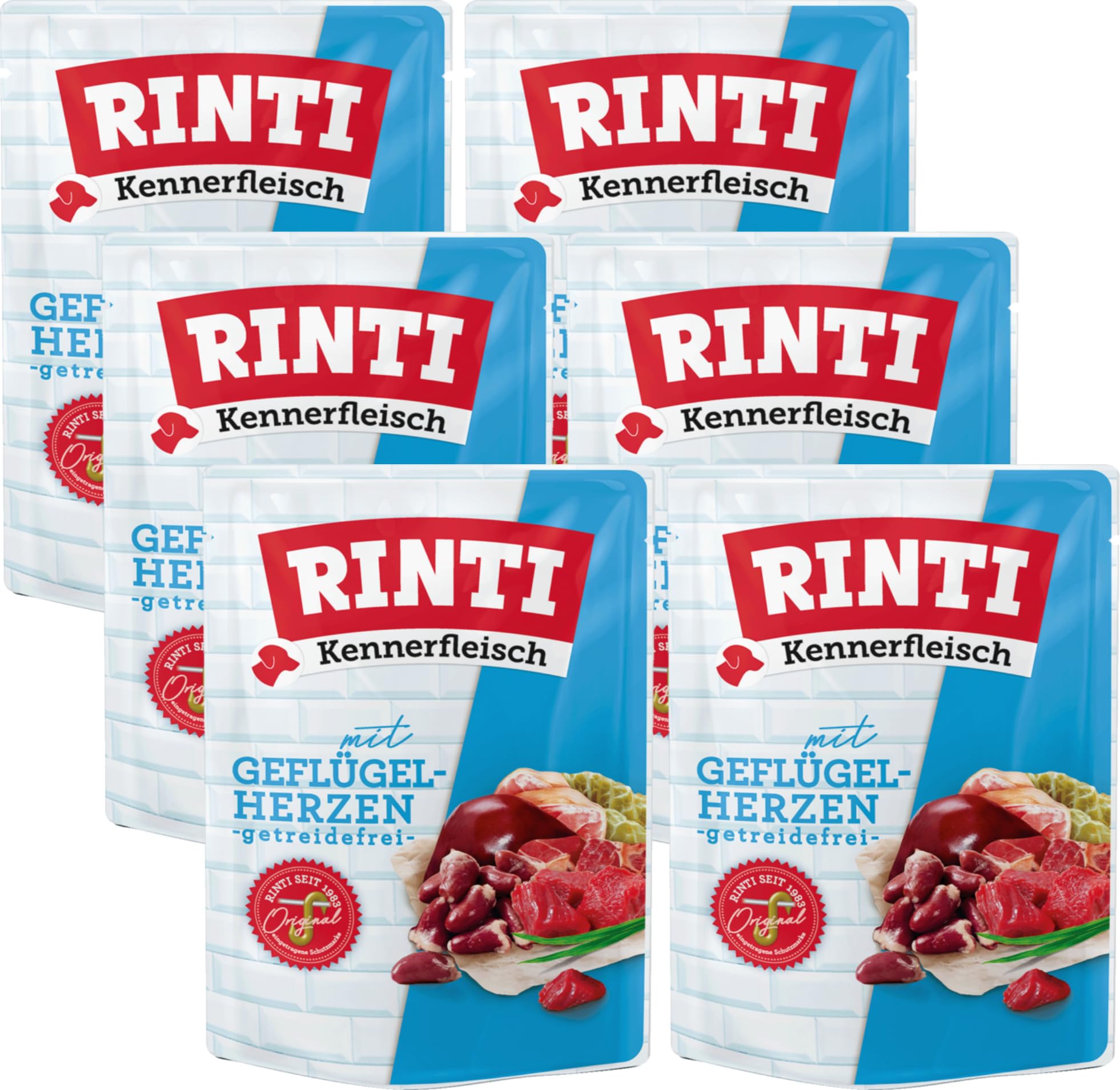 Rinti Kennerfleisch Geflügelherzen | 6 x 400g Frischebeutel | 70 % Fleisch & Innereien | Getreidefrei | Mit Omega 3 & Ballaststoffen | Alleinfutter für ausgewachsene Hunde