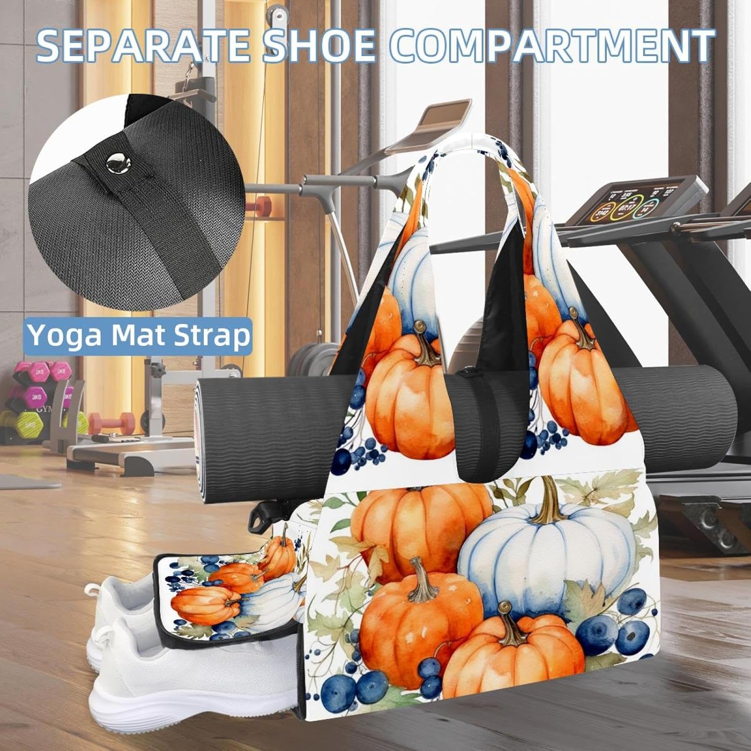 Gym Bag for Women, Watercolor Pumpkins Yoga Mat Bag with Shoe Compartment, Sport Yoga Gym Bag with Yoga Strap, Carryall Yoga Tote Bag
