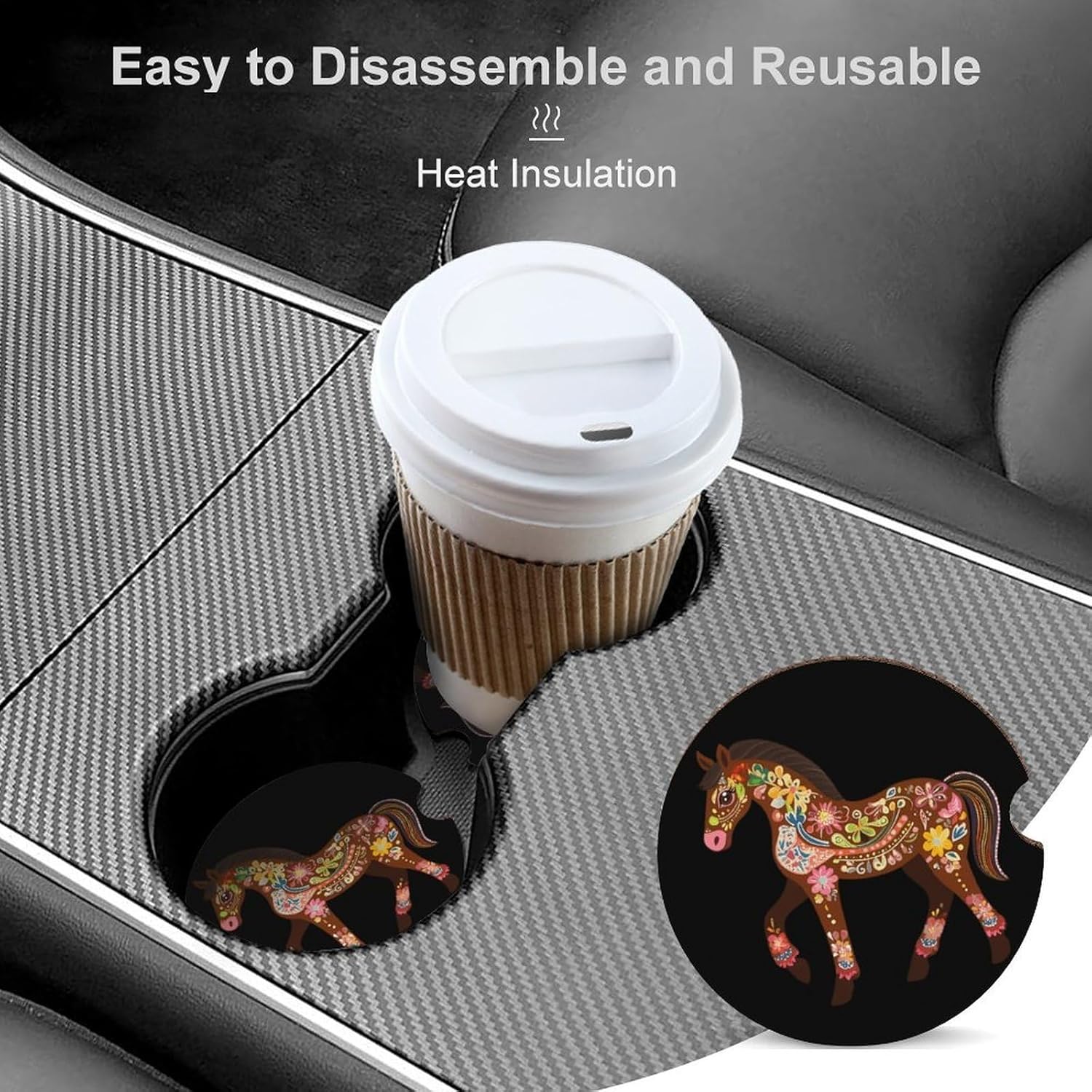 Colorful Gingerbread Horse Cute Car Coasters 2.56 Inch Absorbent Cup Holder for Drinks Auto Interior Accessories