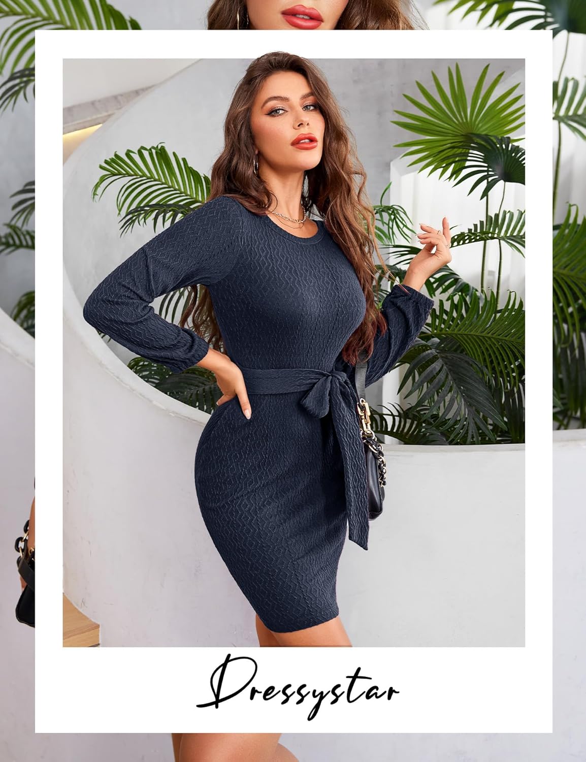 Dressystar Women's Long Sleeve Crewneck Ribbed Knit Sweater Dress Casual Elegant Midi with Tie Waist Belt for Fall/Winter - Image 5