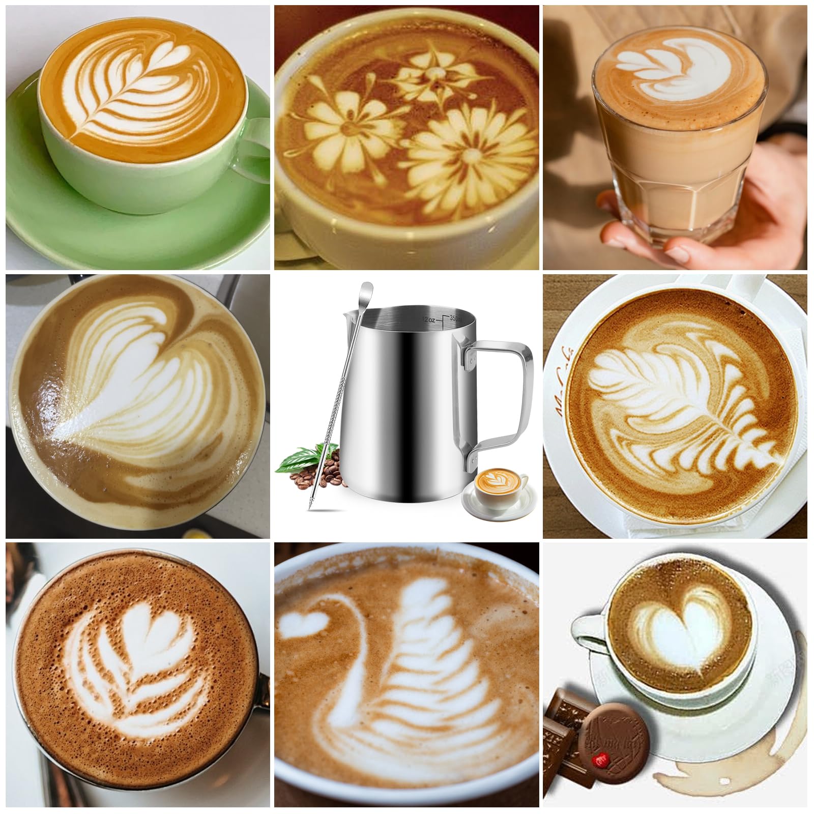 Dzbanek na mleko ze stali nierdzewnej 304, dzbanek do spieniania 350 ml, długopis Latte Art, kubek do spieniania mleka ze znacznikami pomiarowymi, nadaje się do cappuccino i espresso