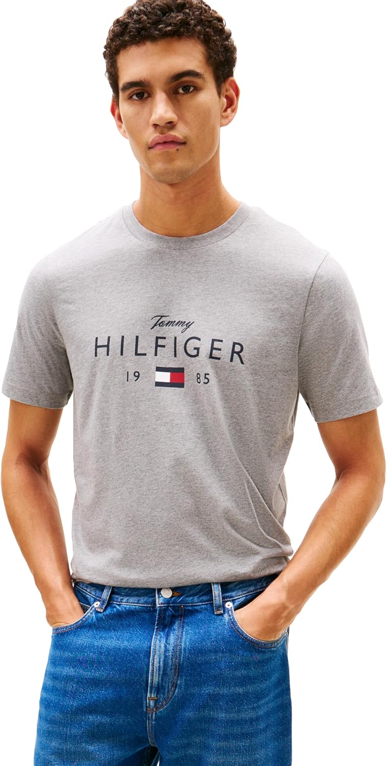 Tommy Hilfiger Men's Short Sleeve Cotton Graphic T-Shirts with Printed Script and Flag Logo