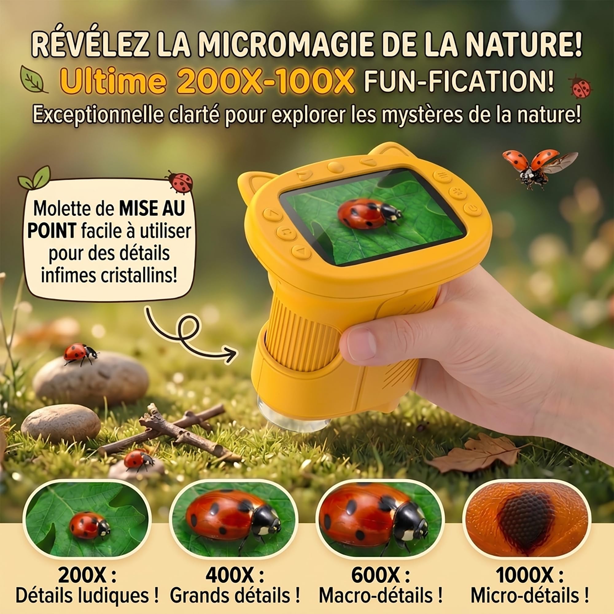 Microscope Enfant, Numérique 4K avec Écran HD 2,4" et Zoom 1000X, Loupe Électronique Portable 8 LED USB Photo Vidéo, Jouet Éducatif STEM Nature, Cadeau Anniversaire Noël Garçon Fille 3-12 Ans