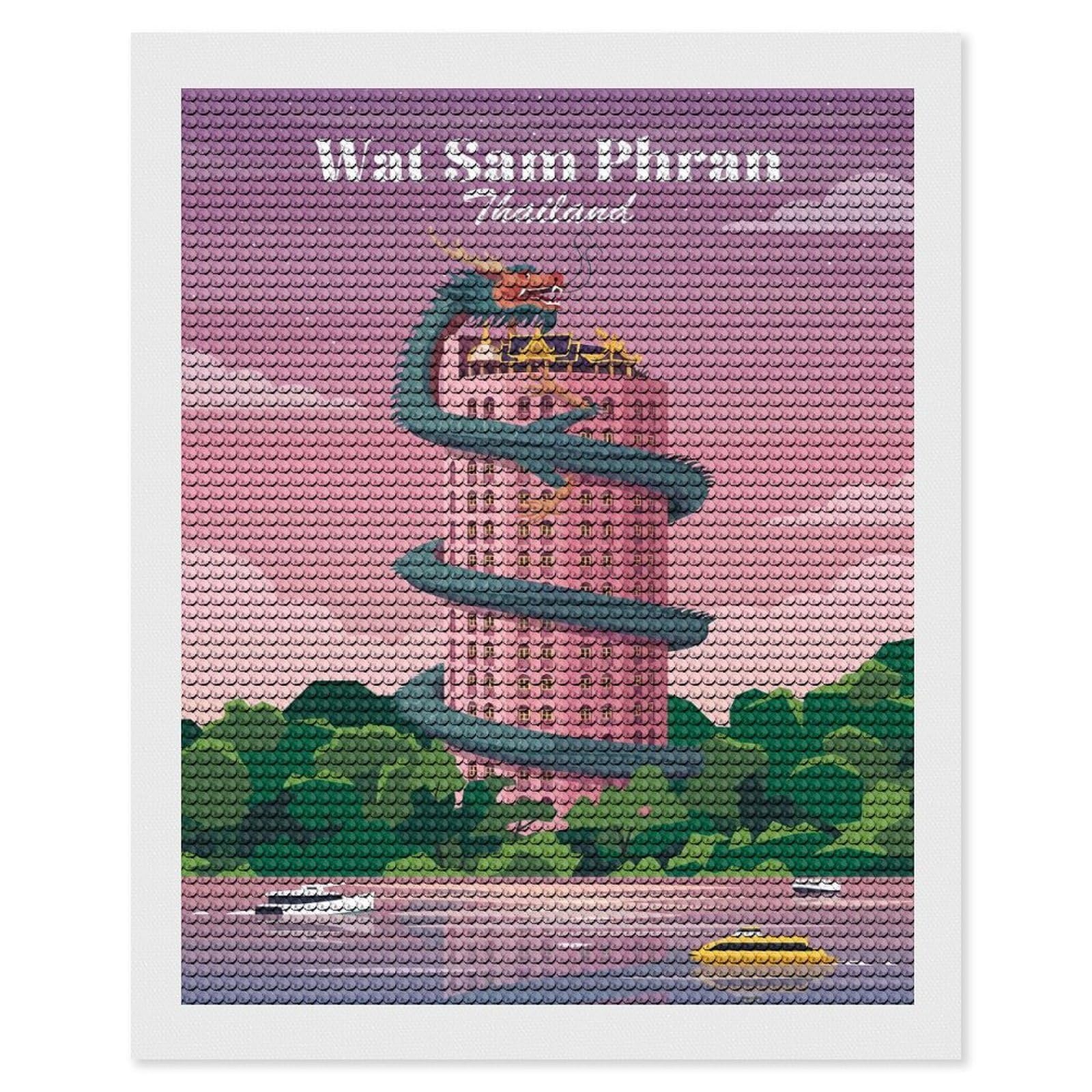 Junmoney Wat Sam Phran Building Thailand Diamond Painting Kit 16"x20", Adhesive Canvas, Home Wall Decor, for Beginners, Birthday Gift, Full Kit Included