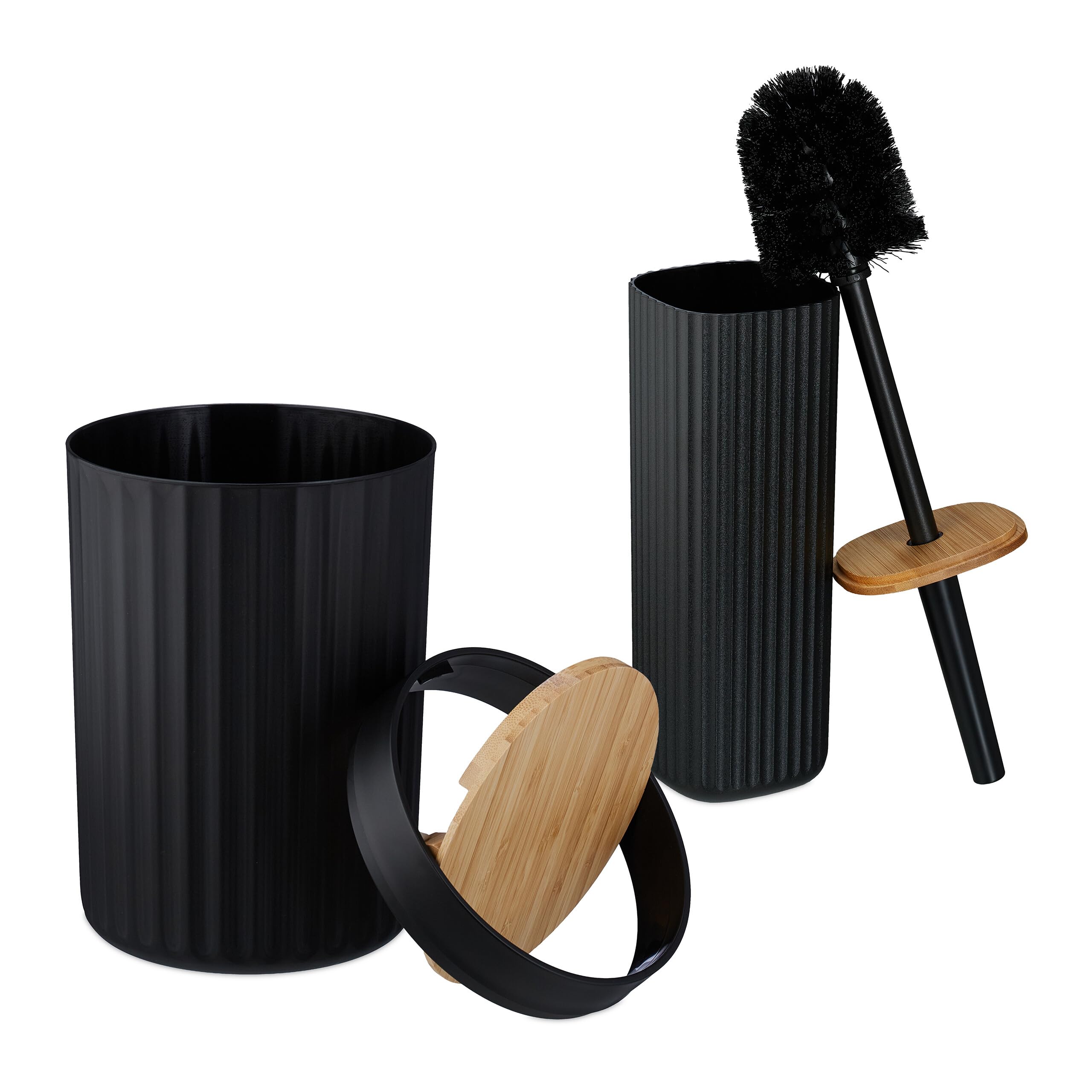 Relaxdays Set Accesorios Baño, Juego Completo Utensilios 6 Piezas, Conjunto WC, Plástico y Bambú, Negro y Natural