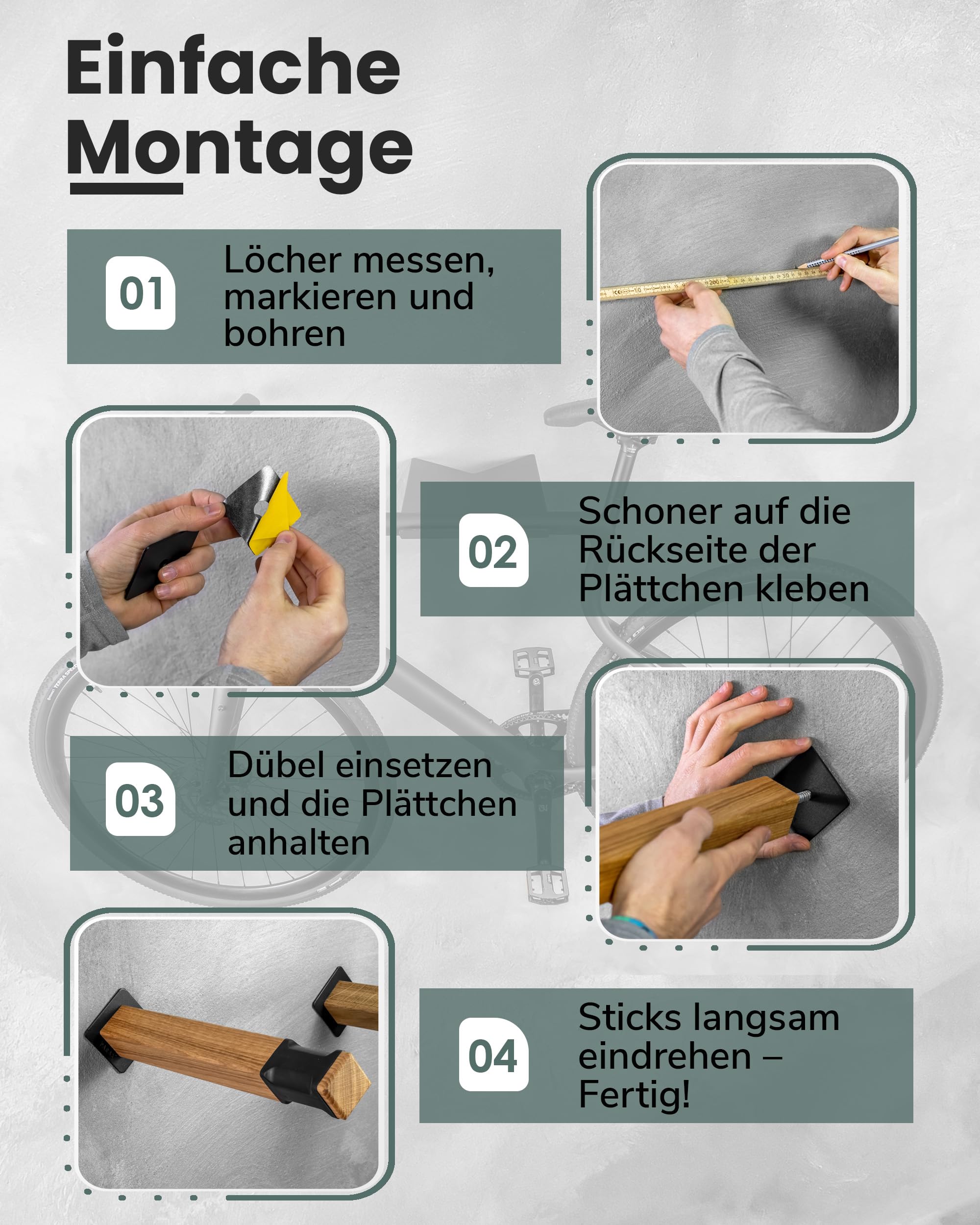 PARAX Fahrrad Wandhalterung - Holz und Fahrradschlauch - Fahrradträger Sticks bis 20 kg - Indoor Fahrrad Aufbewahrung