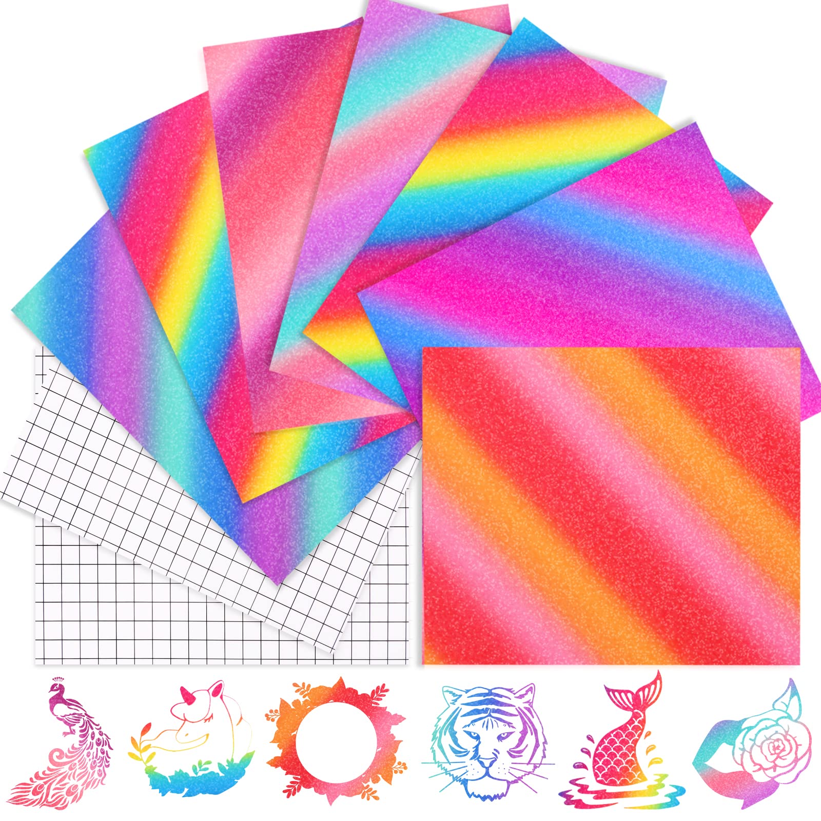 HTVRONT Rainbow Permanent Vinyl, Vinyl for Cricut-7 Sheets 12" x 10" Glitter Rainbow Vinyl & 2 Transfer Tapes, Self Adhesive Vinyl for Cricut, Silhouette, Cameo Cutters, Signs, Scrapbooking