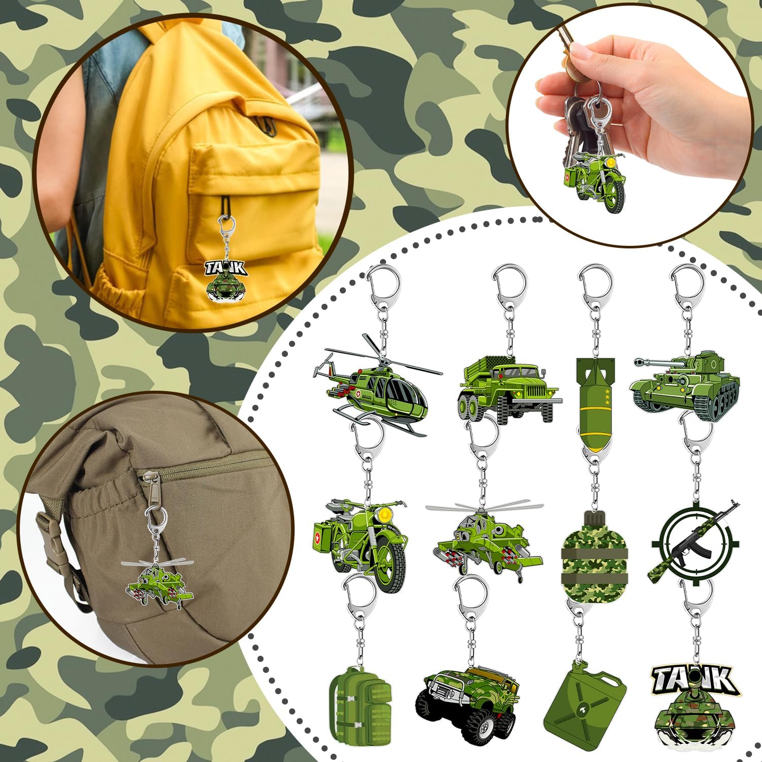 12 PCS Army Party Favors Military Camo Acrylic Keychains for Army Birthday Party Decorations Supplies Gifts for Kids Classroom Prizes image 4