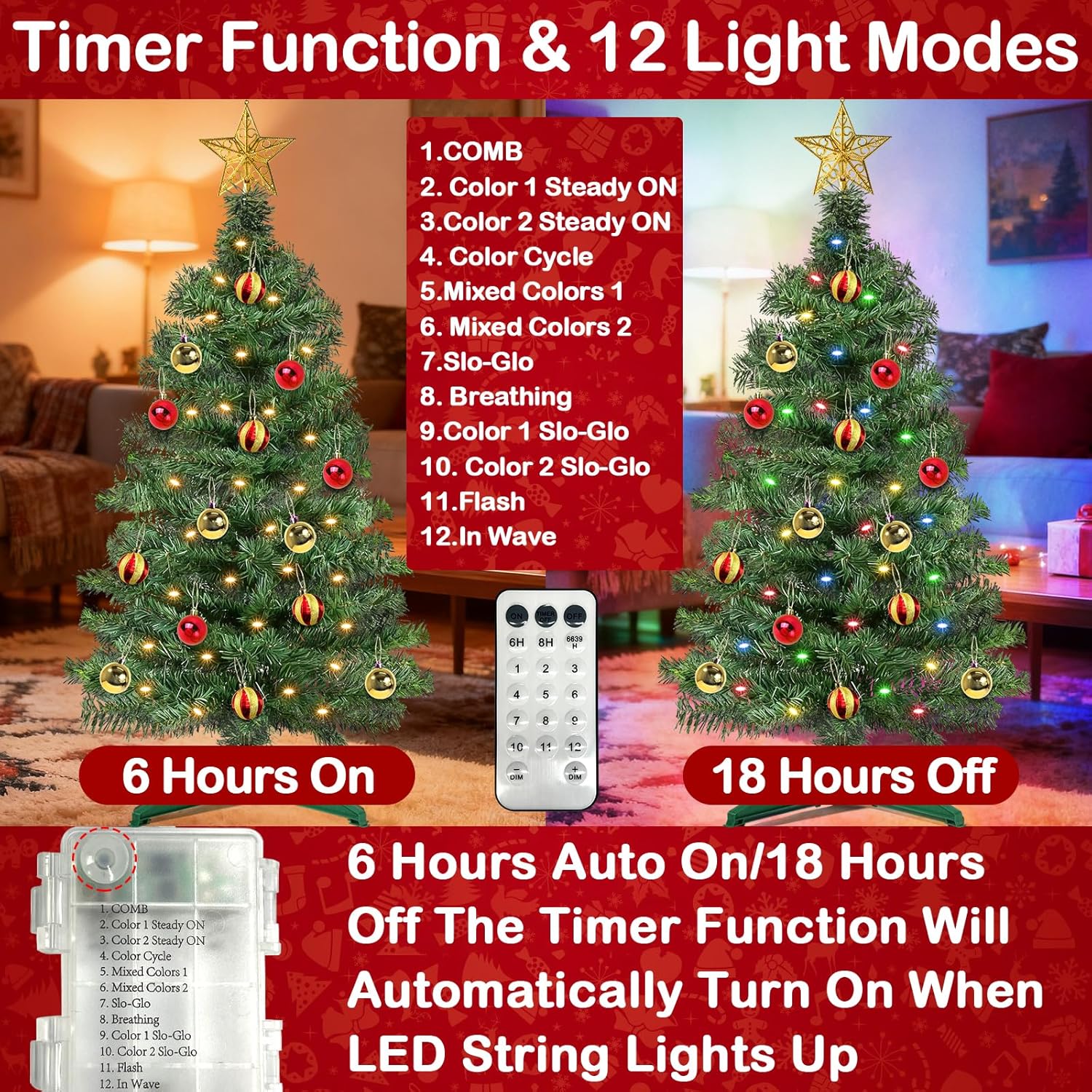 [ 12 Modes & Remote Control ] 3 Ft Christmas Tree with Timer 50 Four Color LED Lights DIY 15 Ball Ornaments Star Artificial Xmas Tree Indoor Outdoor Home Holiday Decoration (Dark Green)