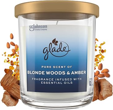 Glade Candle Jar, Large Candle Infused with Essential Oils, Air Freshener for Home Decor, Blonde Woods & Amber, 16oz