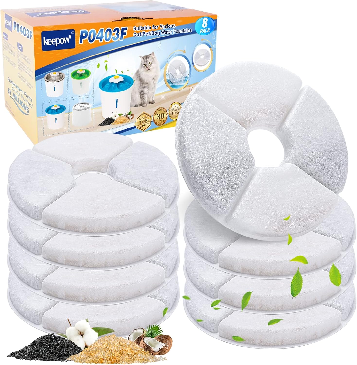 KEEPOW Cat Water Fountain Filter, 8 Pack Pet Fountain Filter Replacement Cat Filters Compatible