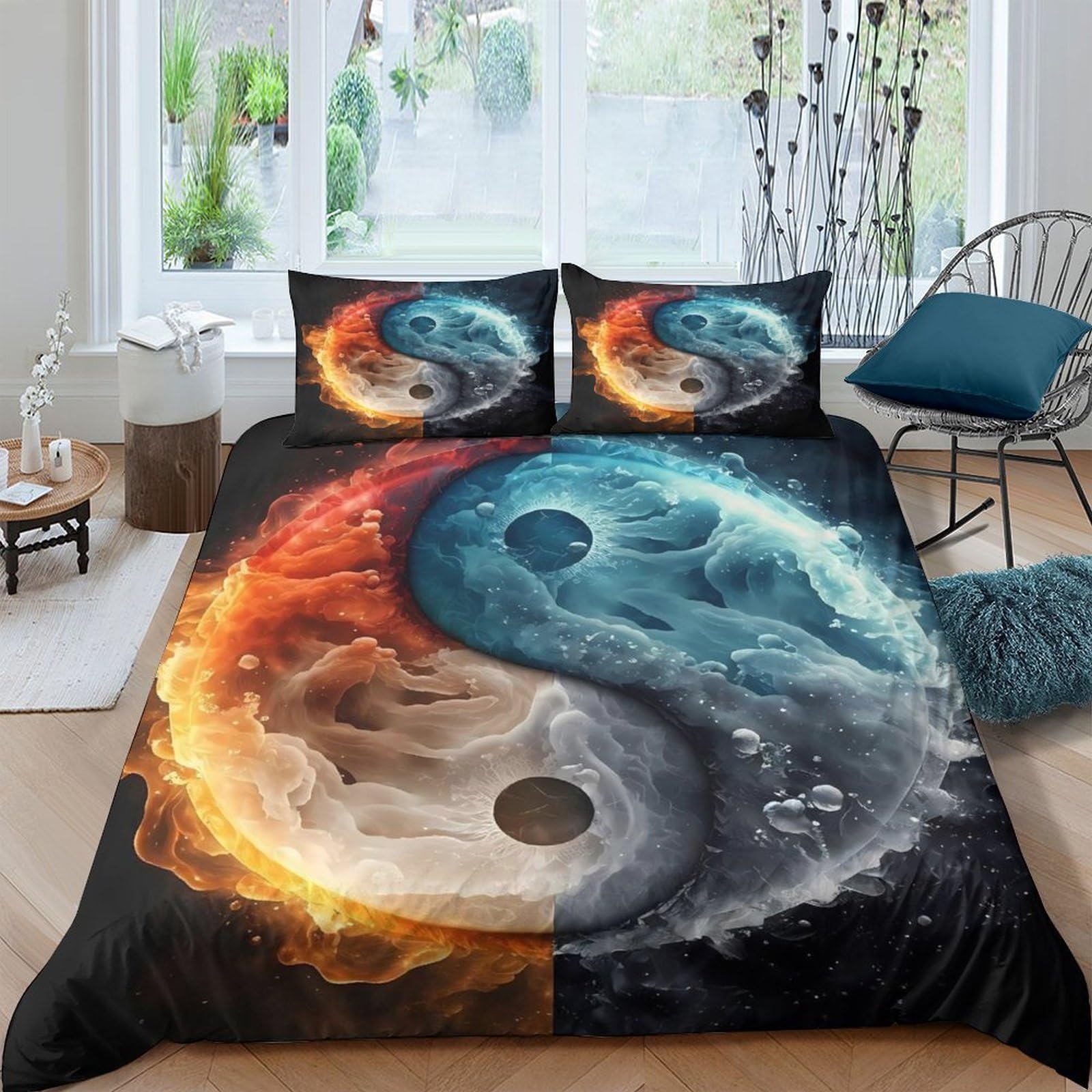 Ctjqhvkz Style-8 3D Printed Yin Yang Fire Ice Fitted Sheet Microfiber Soft Anti-Slip Bed Cover For Bedroom Dorm Mattress Protection Decor Single（135X200cm）