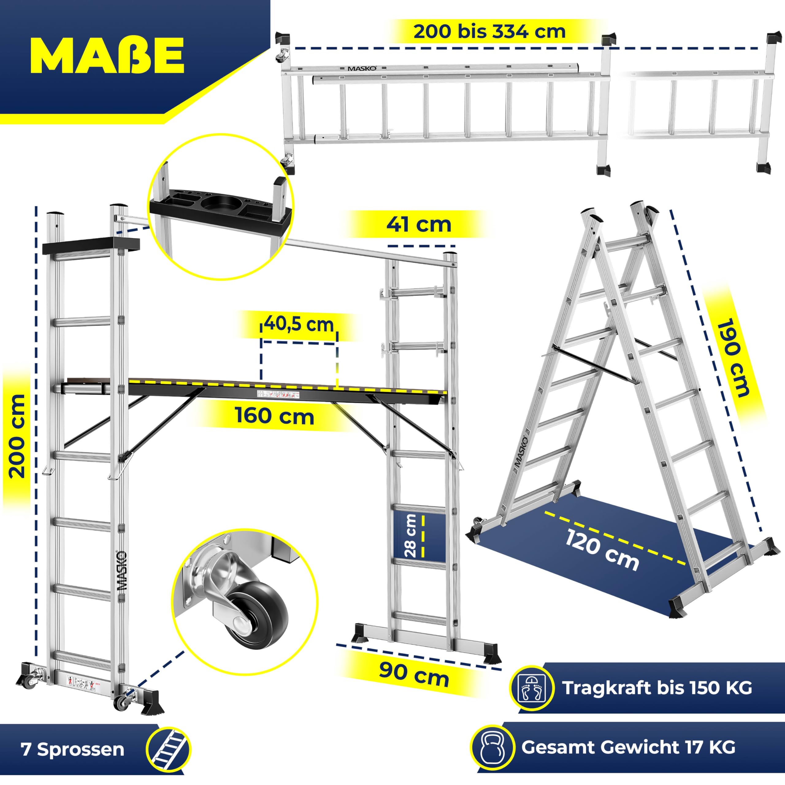 Masko Échafaudage en aluminium - Échelle simple - Échelle fixe - Échafaudage - Échelle d'escalier - Plateforme de travail - Charge maximale : 150 kg - Revêtement antidérapant - Certifié GS (EN 131)