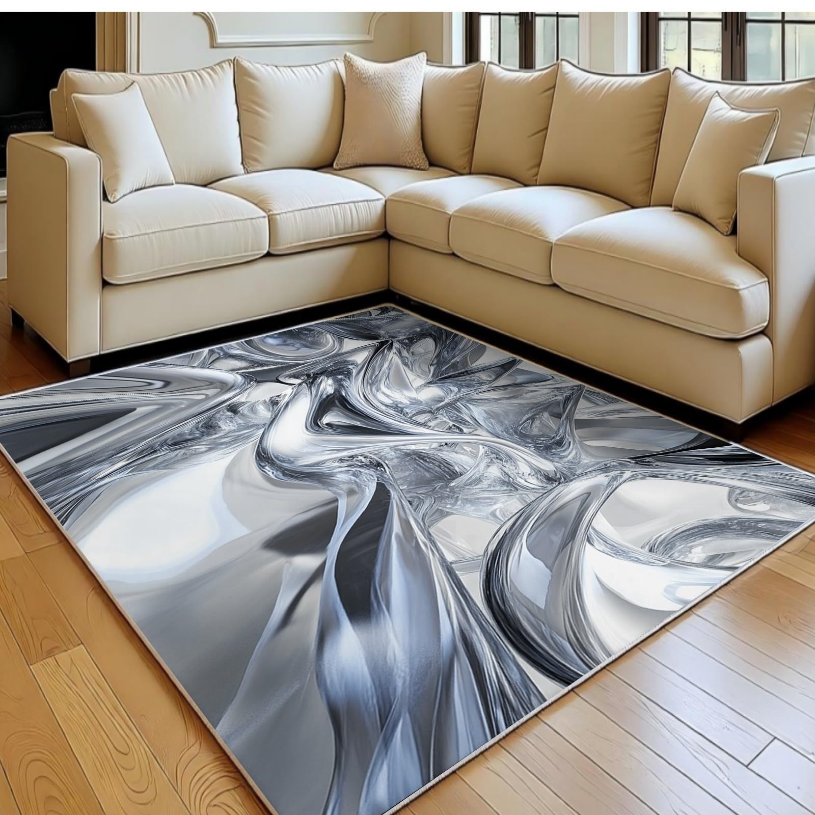 Tapis de salon 120x180 cm abstrait argenté et doux pour chambre