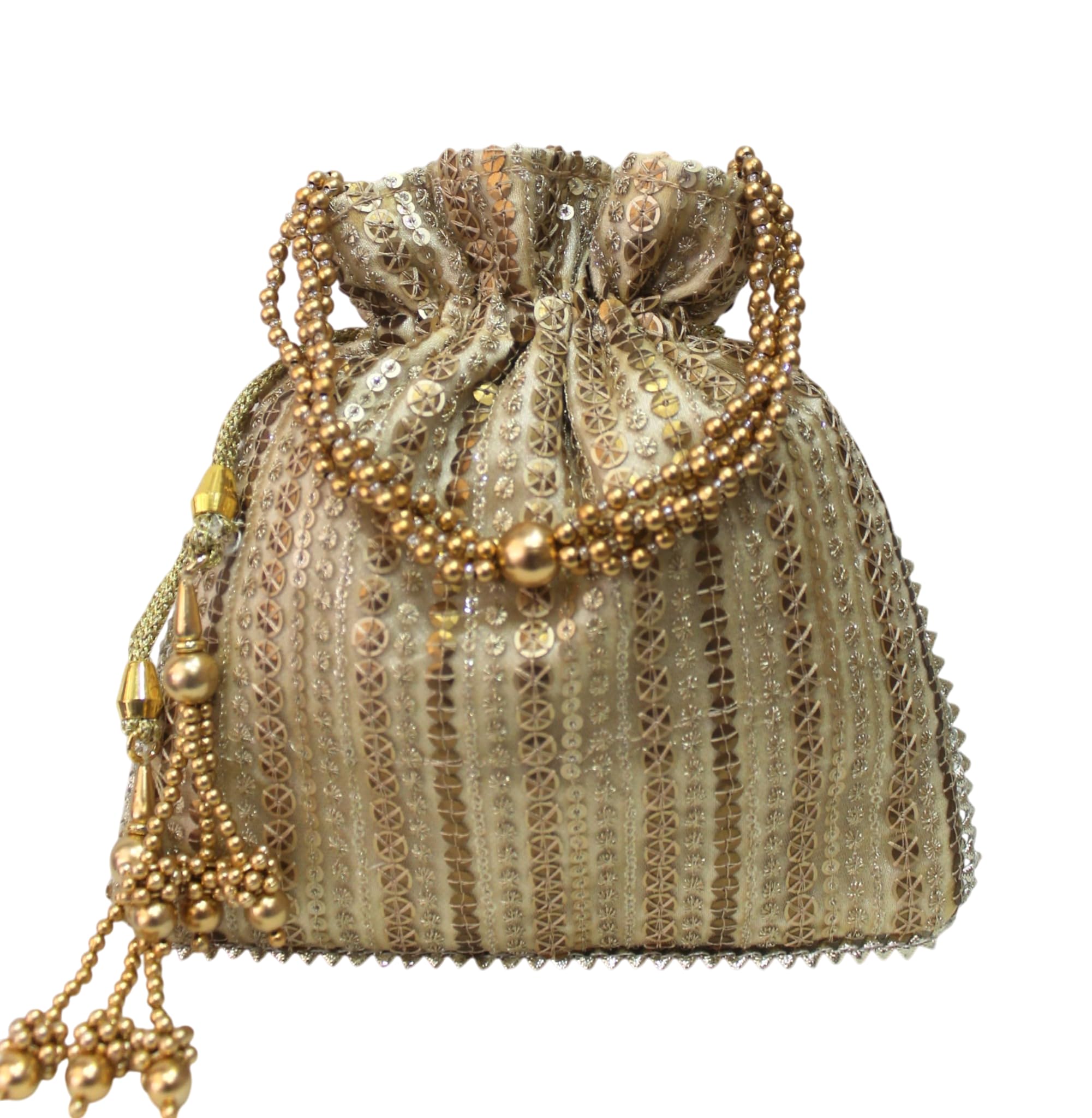 Fancy Potli Bag Golden Embroidery Designer Purse Drawstring Women's handbag with Pearl Handle & Tassel Weddings-image-10