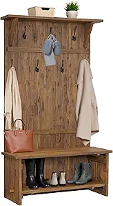 Alaterre Furniture Bethel 70-Inch Acacia Wood Hall Tree with Bench, Storage Shelves & Metal Coat Hooks – Entryway Organizer for Mudroom, Hallway, or Kitchen (Natural Aged Brown Finish)