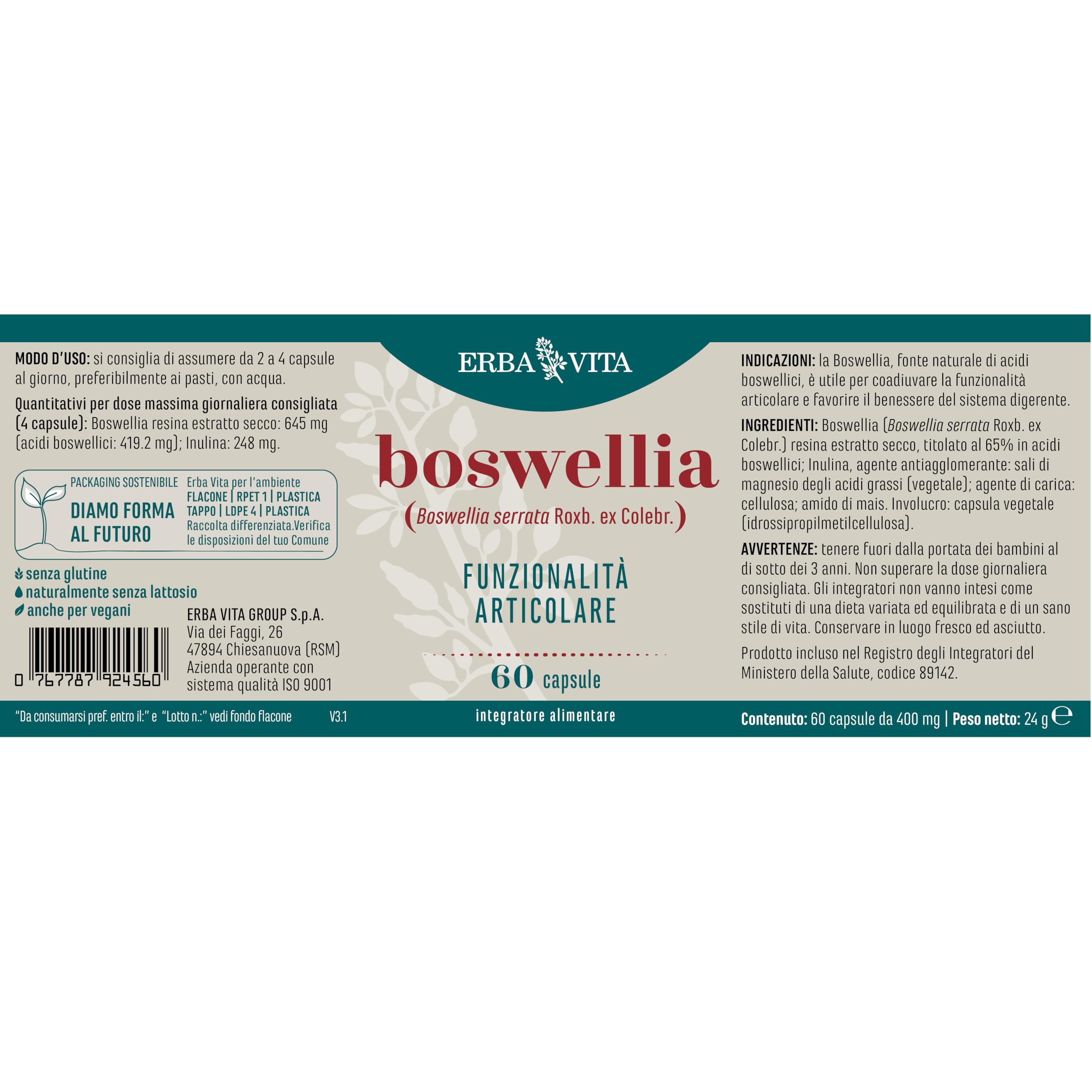 ERBA VITA Integratore Alimentare di Boswellia Serrata - 60 Capsule - Favorisce la funzionalità articolare e il benessere del sistrema digerente