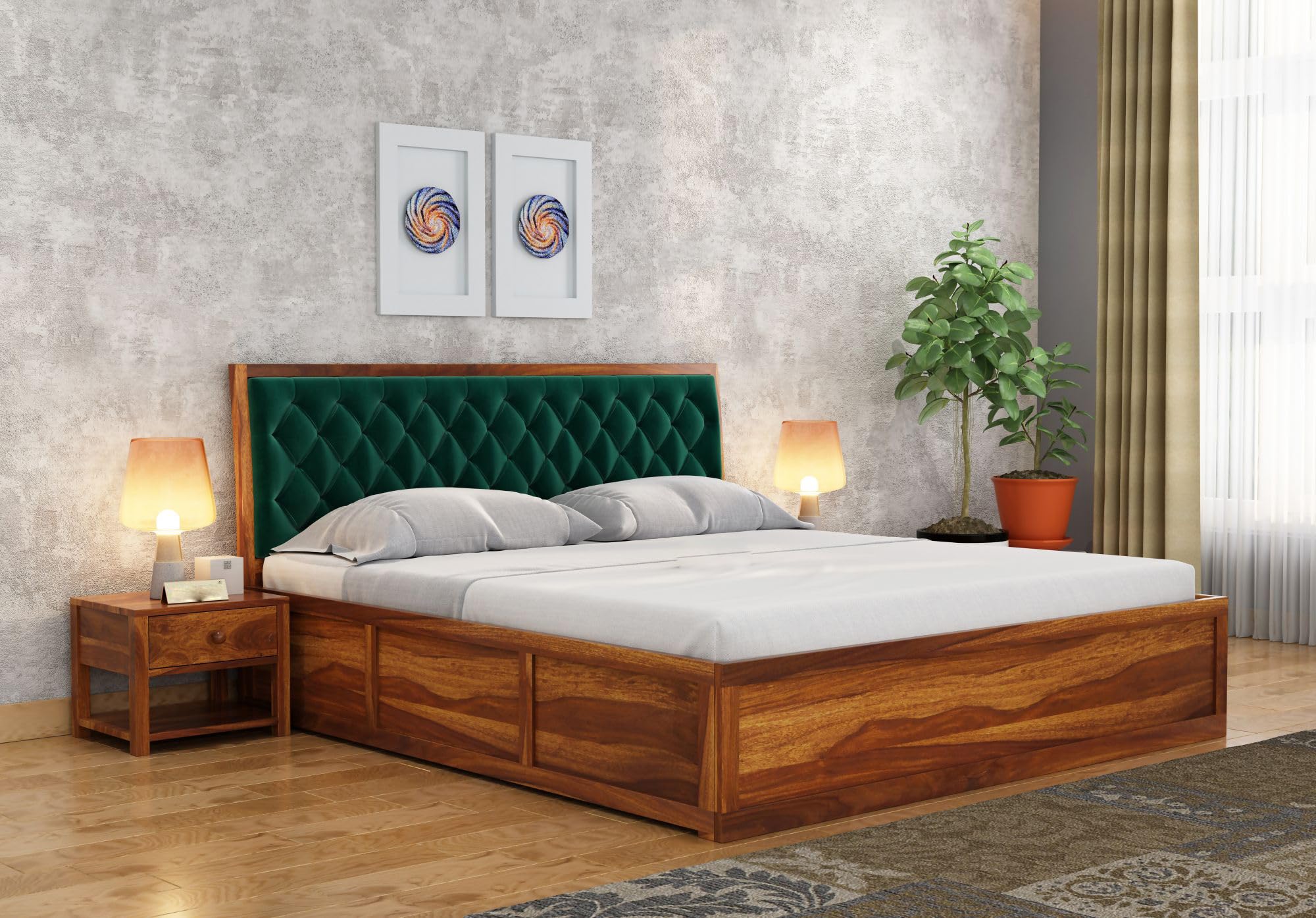 SHREE SHYAM FURNITURE Wood Bed King Size || King Size Bed with Box Storage || Wooden Bed King Size, Cot King Size with Storage Double Bed Furniture for Bedroom,Finish - Honey Cushion - Green