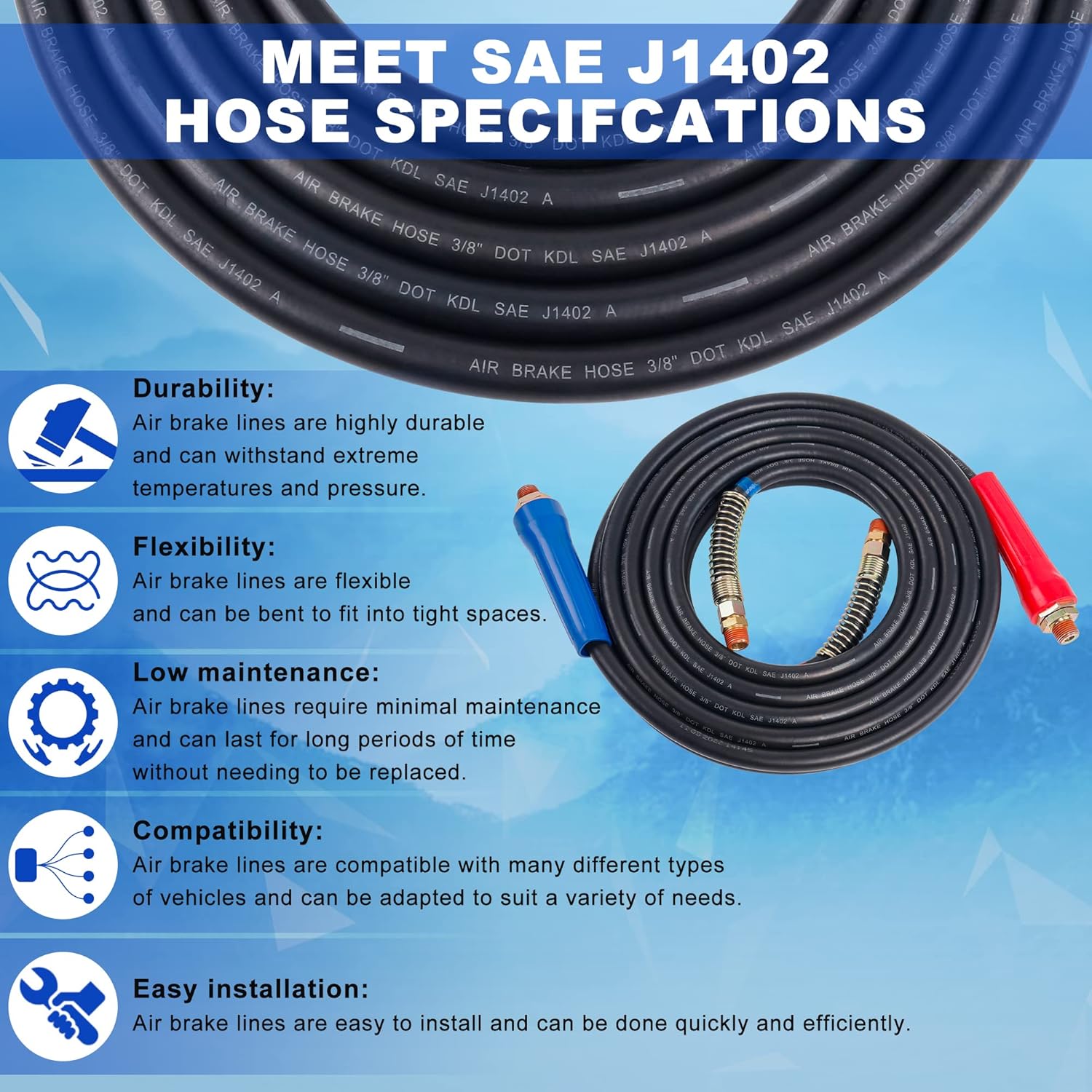 Air Line Hose Assembly, 12FT Rubber Air Hose With Grip, Galdhand and Gladhand Seals, Heavy Duty Air Lines for Tractor Trailer - (Set of 2)