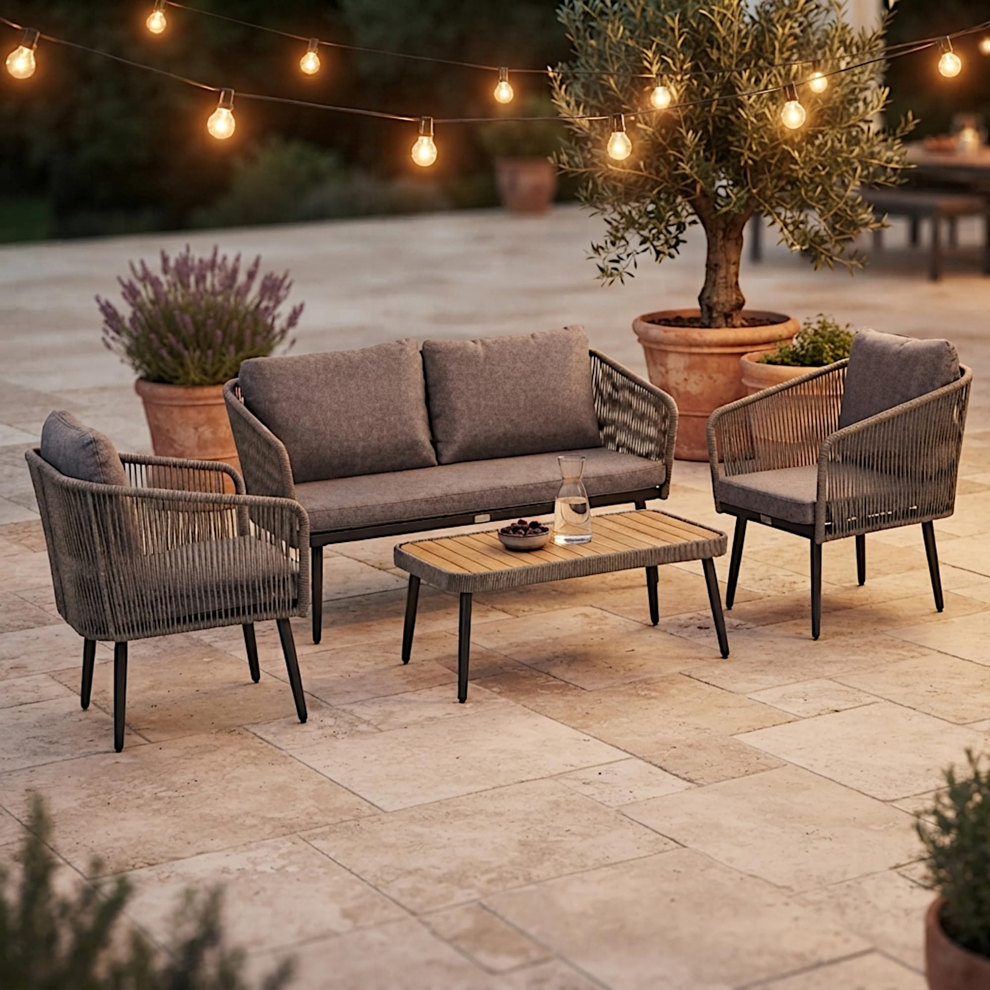 ESTEXO Set di mobili da giardino Rope effetto corda, panca da giardino in legno di acacia, tavolo da giardino, grigio