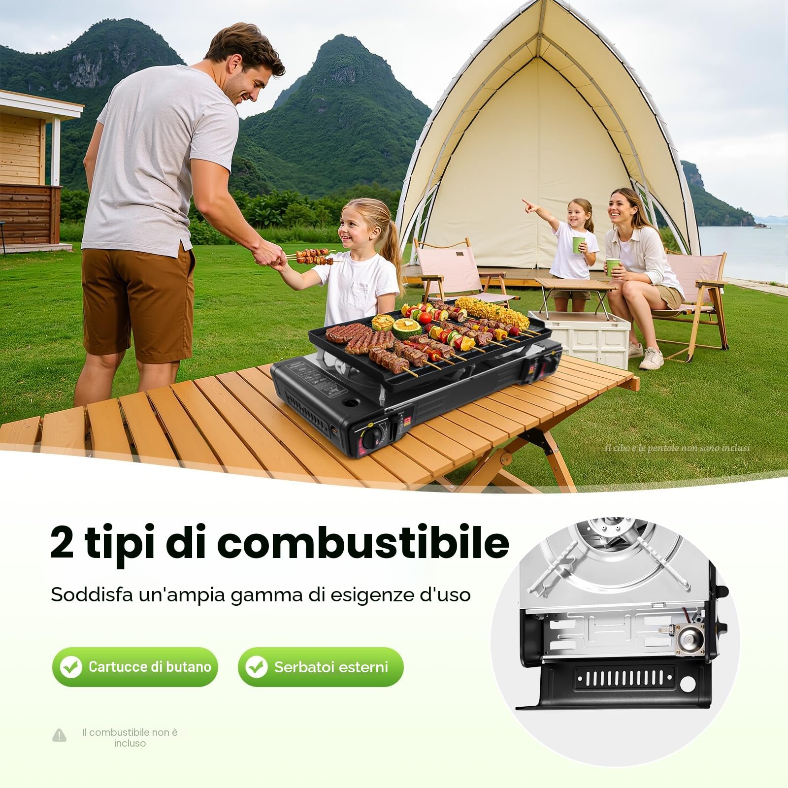 Fornello portatile da campeggio, 2 bruciatori, grill da tavolo con bistecchiera, per esterni, campeggio, giardino, funzionamento a gas