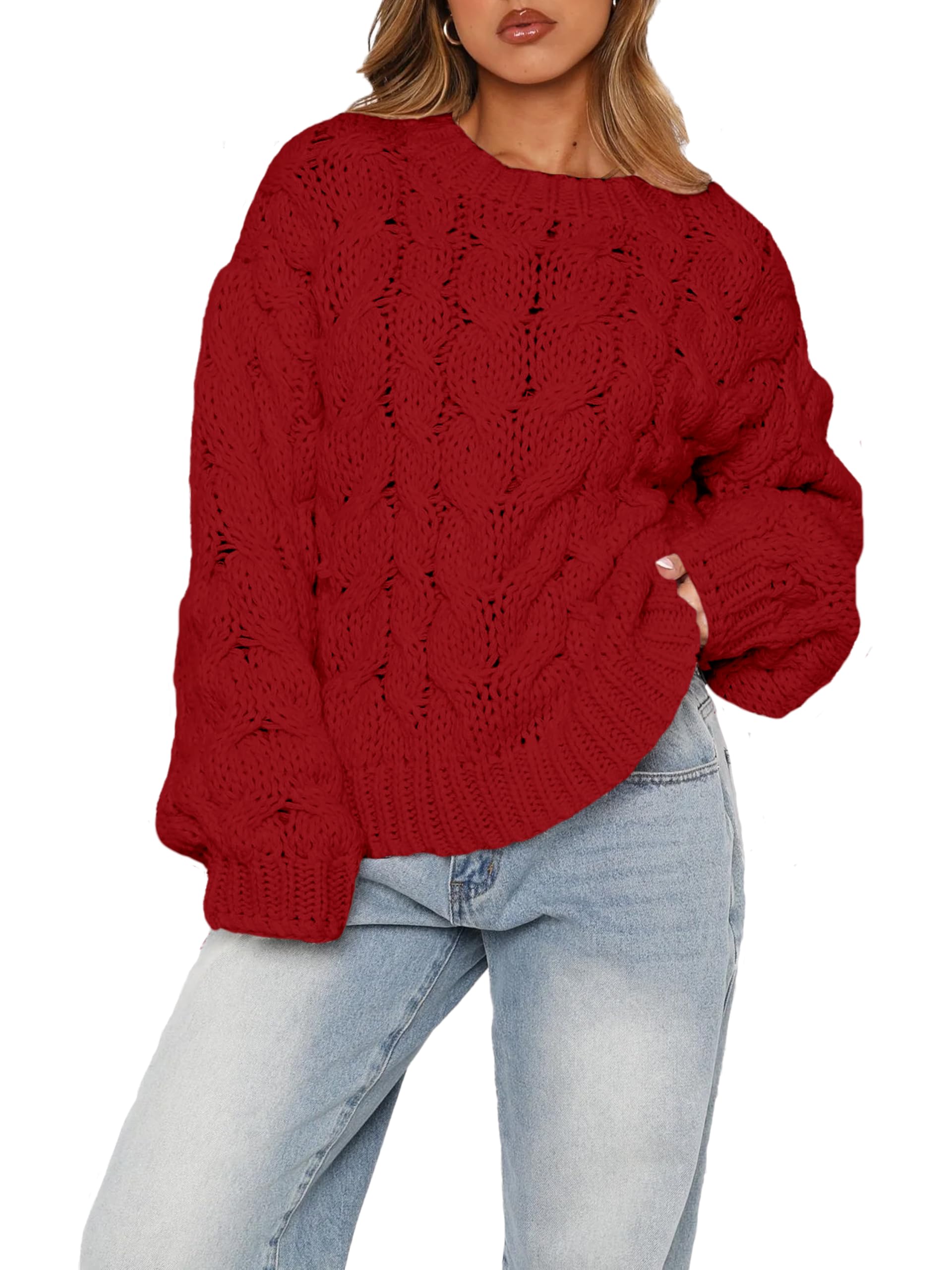 Womens Oversized Chunky Cable Knit Sweater Long Sleeve Crew Neck Crochet Fall Pullover Tops