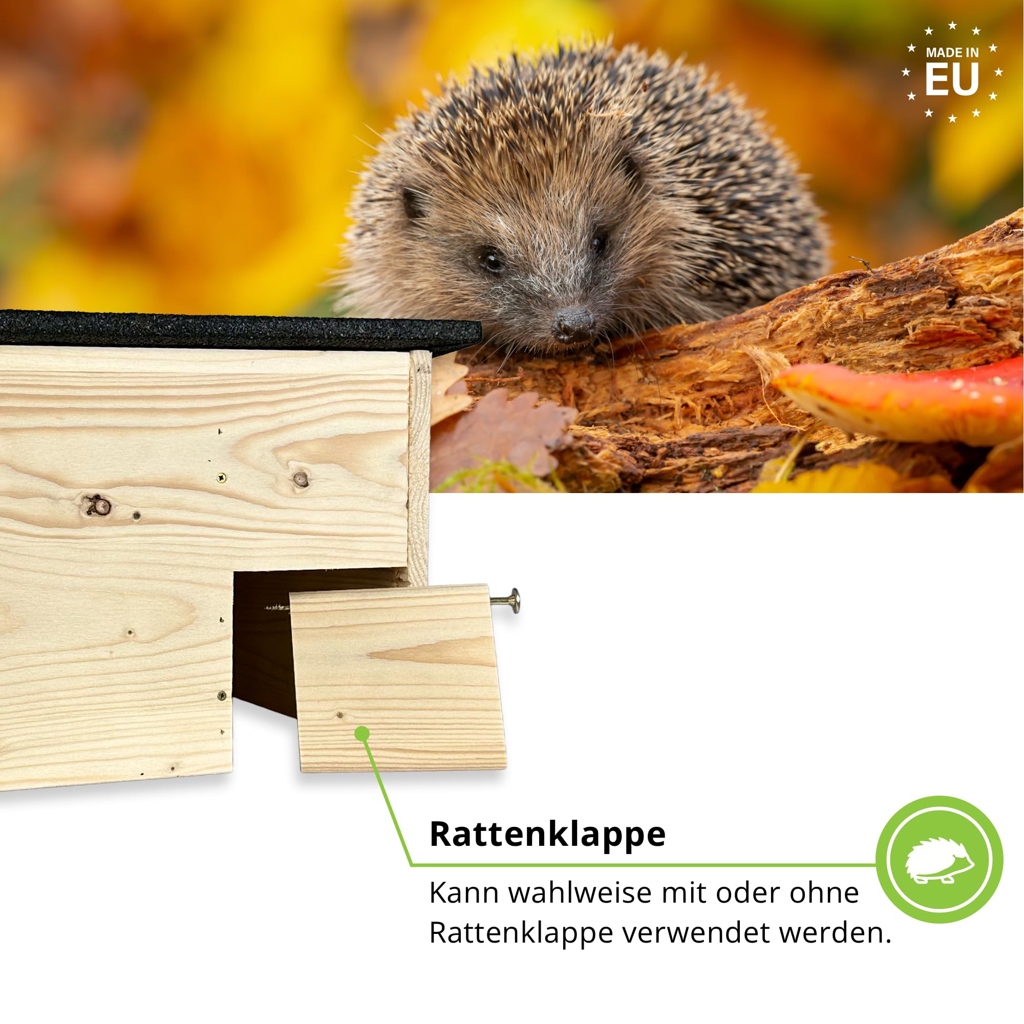 Igelfutterhaus mit Zwei Eingängen und Rattenklappen, Winterfest, Katzensicher, aus zertifiziertem Holz, produziert in Deutschland