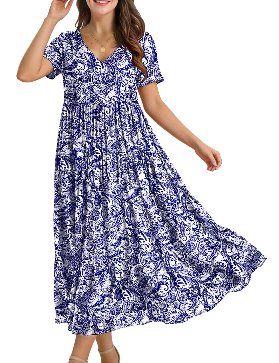 Women's Summer Maxi Dresses Casual Floral Short Sleeve V Neck Boho Beach Vacation Swing Dress with Pockets EVF
