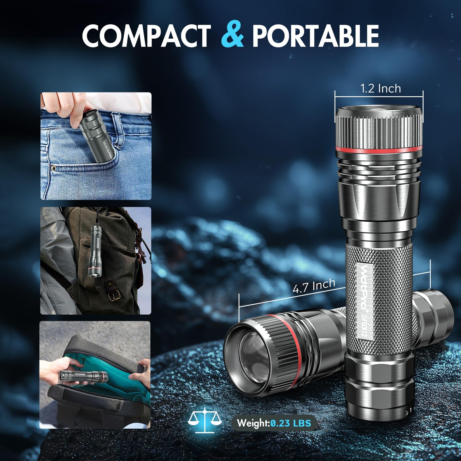 WdtPro Rechargeable Flashlights 2-Pack – Super Bright LED, 10H Runtime, Tactical EDC Flashlight Grey