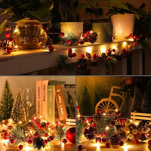 Miniatura 7 de Guirnalda de Navidad con 20 luces LED de 6.5 pies, con luces de pino y baya roja, funciona con pilas, guirnalda de luces LED, decoraciones de
