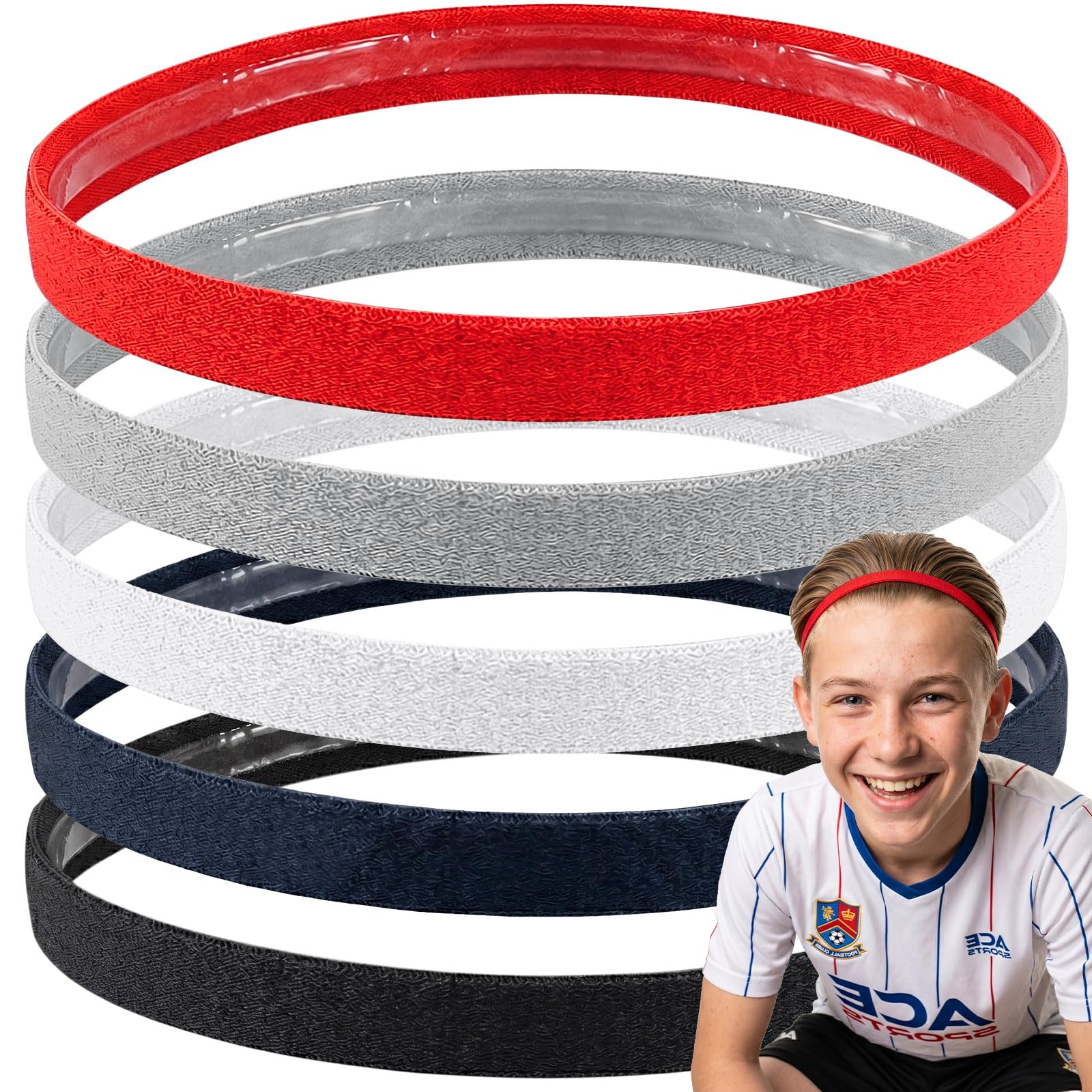 Awumbuk Cinta Pelo Deporte Niño, 5 Piezas Elastica Diadema Antideslizante para el Sudor Headbands Niño y Niña, para Fútbol, Correr, Yoga, Ciclismo, Baile