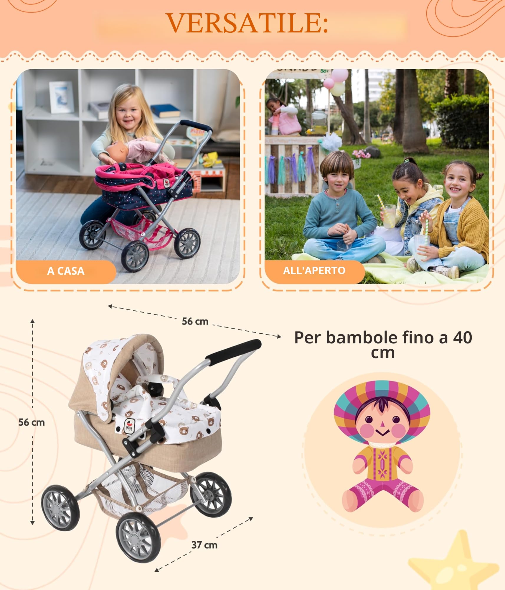Bayer Chic 2000 - Passeggino per bambole Smarty, piccolo passeggino per bambini dai 2 anni in su, passeggino giocattolo, orsetto, beige