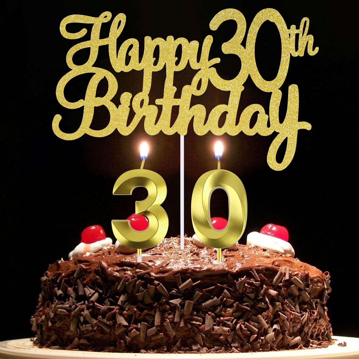 Happy 30th Birthday Cake Topper + 30th Birthday Candles, 30 th Birthday Cake Decoration, 30 Cake Topper Number 30 Candles for 30 th Birthday Party Decoration (30)
