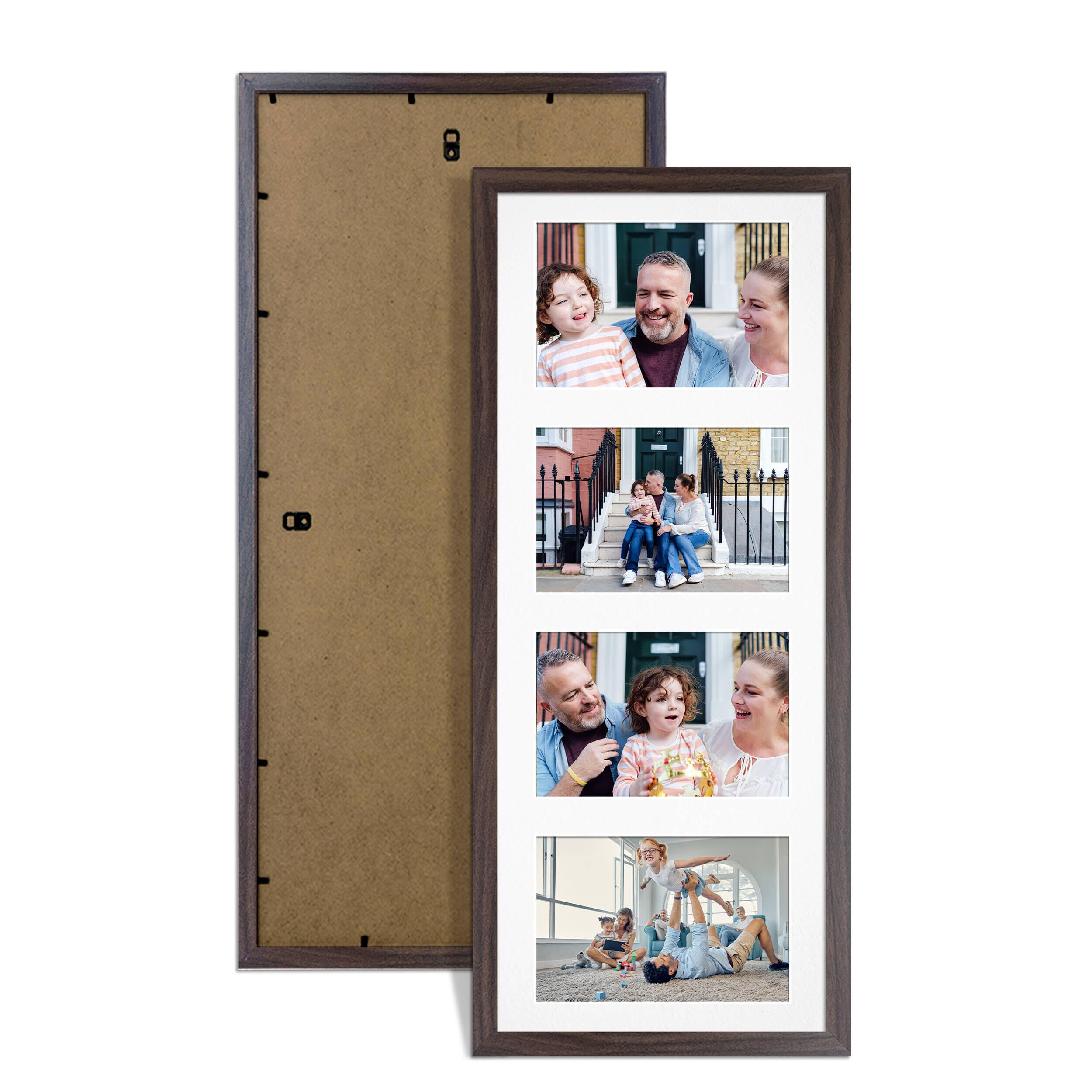 Alison Kingsgate Walnut 50x20cm Photo frames for multiple pictures - 4 Apertures Collage Frame with White Mount - Holds (4x) 6x4 Photos - Engineered Wood & Perspex