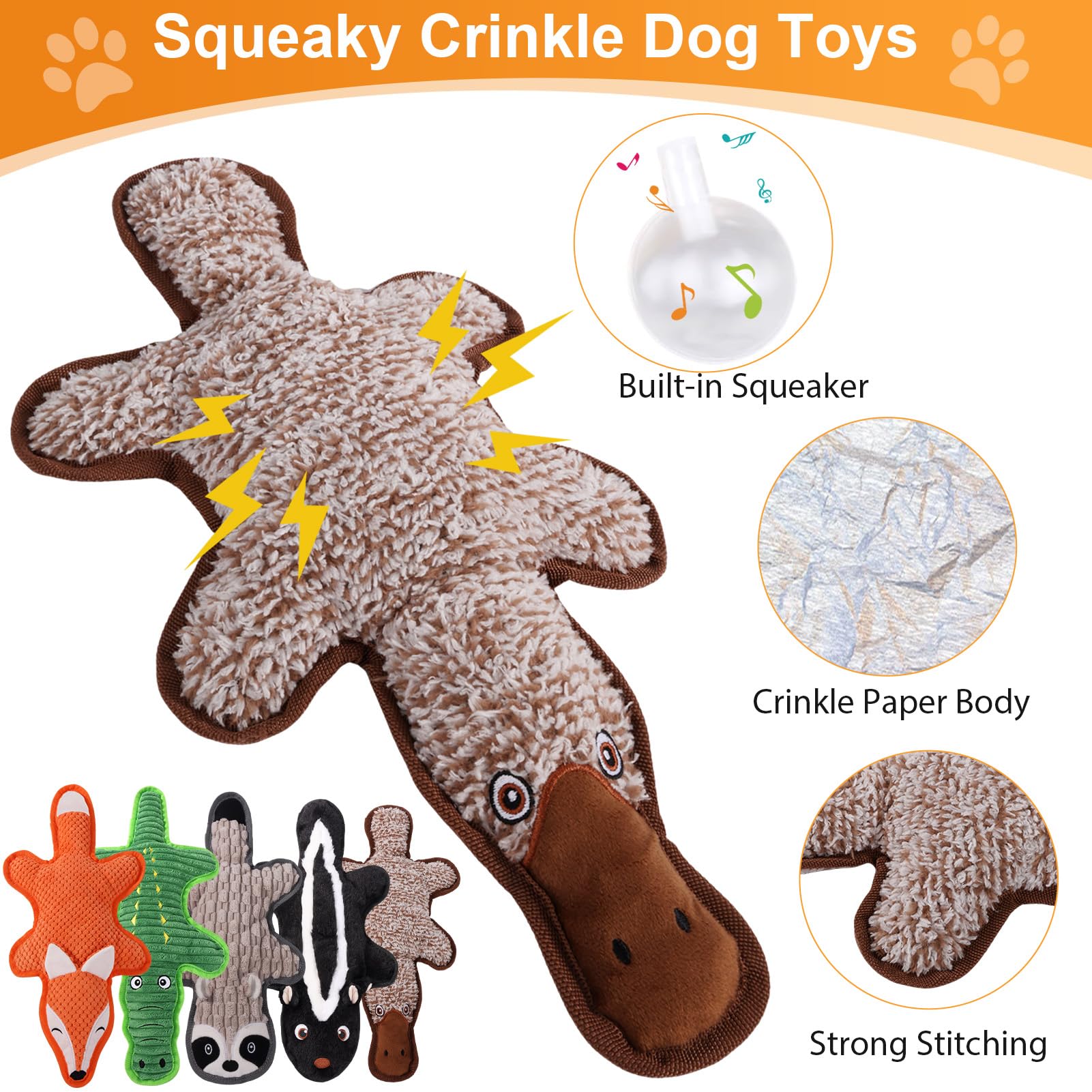 Juguetes chirriantes para perros, Regalos para Mascotas, Paquete de 5 Juguetes Arrugados de Felpa, Sin Relleno para Perros Pequeños, Medianos y Grandes