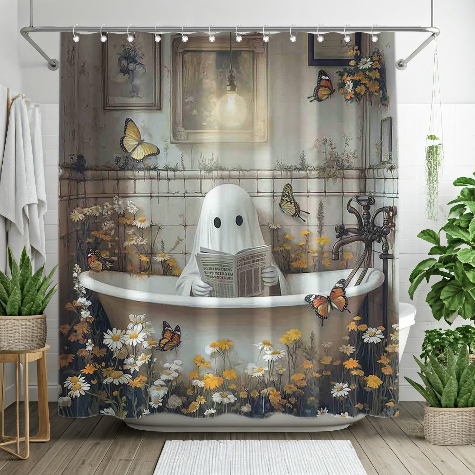 YCUCUEI Halloween Ghost Shower Curtain for Bathroom Spooky Tub Flower Daisy Butterfly Horror Painting Home Decorations Sets with 12 Hooks Waterproof Polyester 72