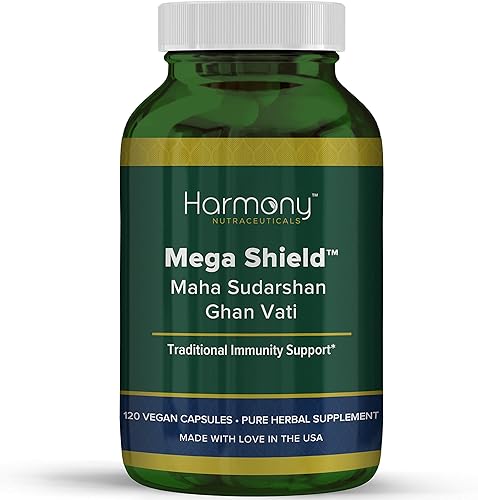 Mahasudarshan Ghan Vati Mega Shield Maha Sudarshan Ghan Vati Harmony Nutraceuticals Pure Ayurveda 120 cápsulas veganas