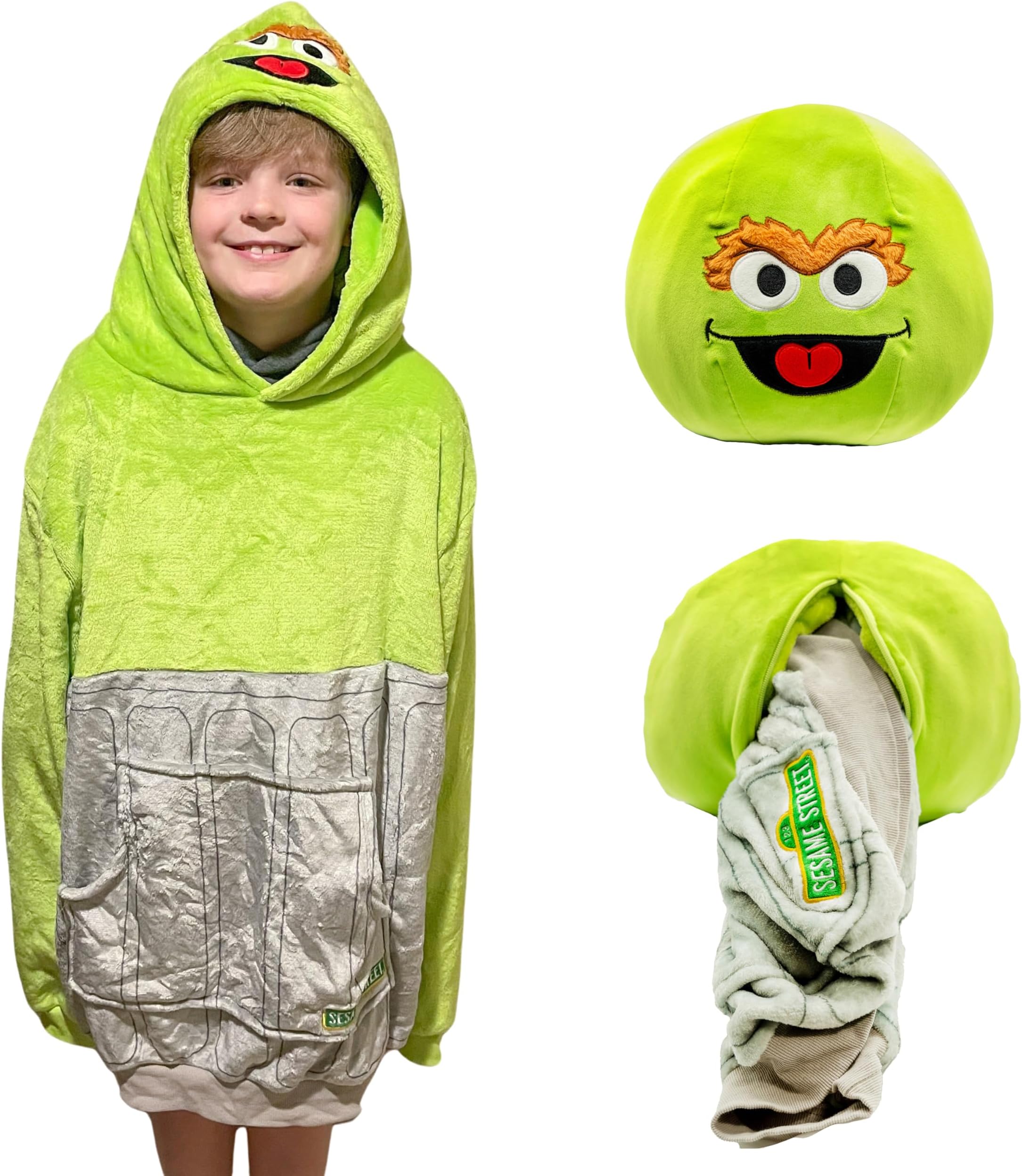 Plushible Sesame St. Oscar the Grouch Kids Snugible 2-in-1 Wearable Blanket Hoodie - Comfy Oversized Hoodie with Front Pocket, Transforming Pillow - Blanket hoodie for kids