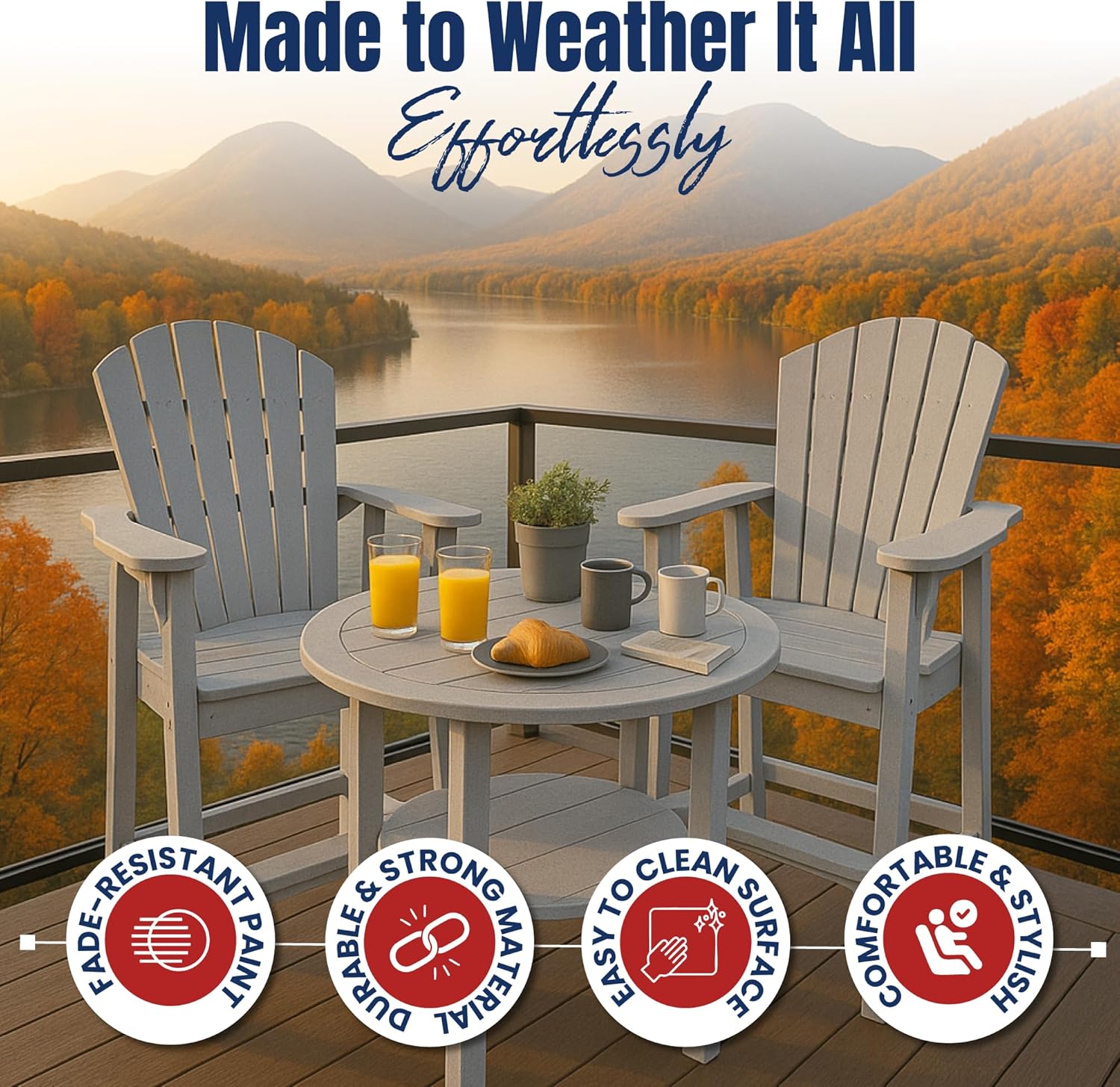 Phat Tommy Tall Adirondack Chair - HDPE Outdoor Furniture - Poly Adirondack Bar Stool - Heavy, Stress Free Furniture for Balcony, Deck, Patio, Front Porch, Grey