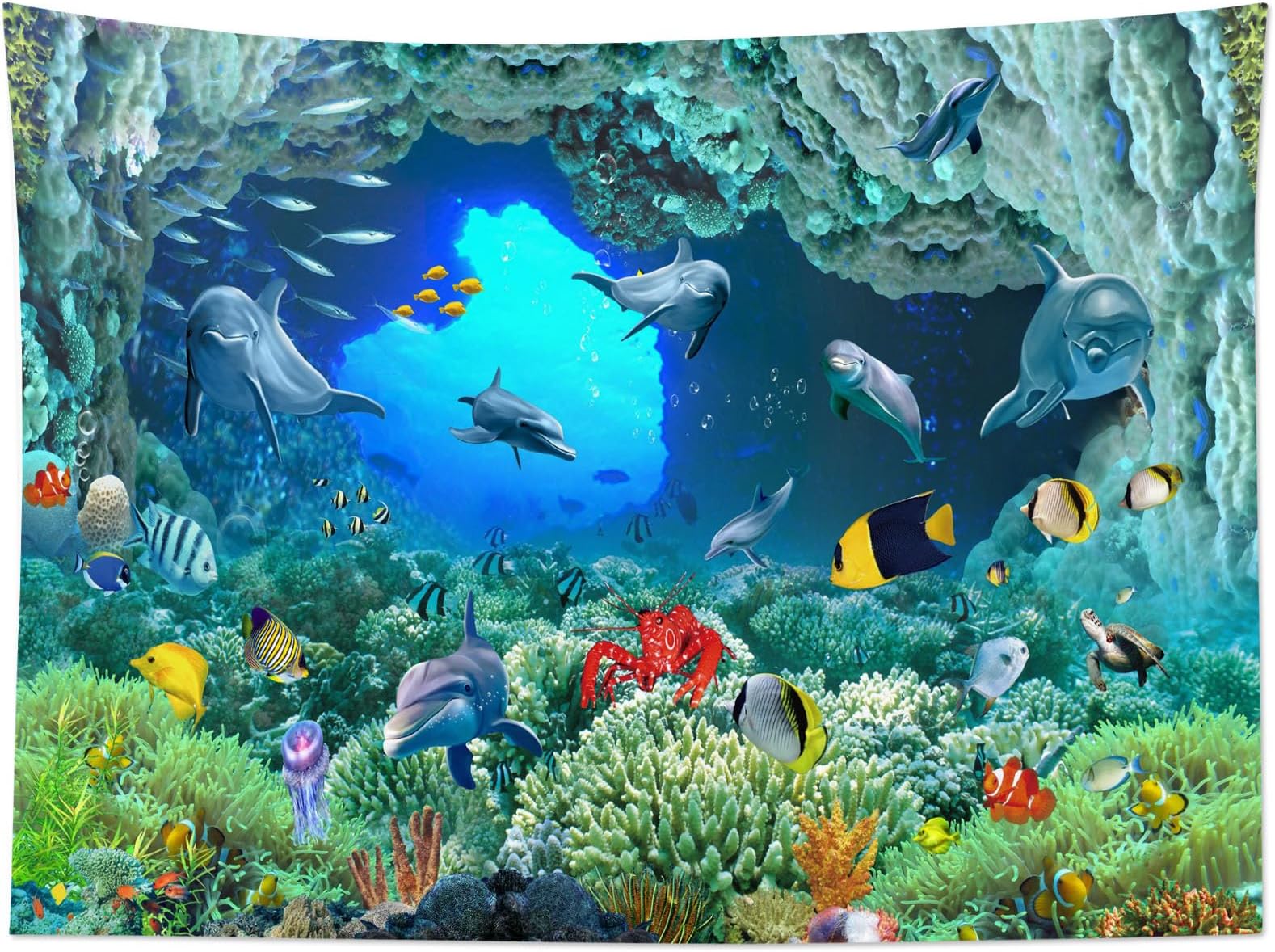 HVEST Blue Ocean Dolphin Tapestry Tropical Fish and Coral Reef in Cave Under Deep Sea Tapestry Wall Hanging Ocean Wall Art for Kids Bedroom Living Room Dorm Birthday Party Wall Decor,80Wx60H inches