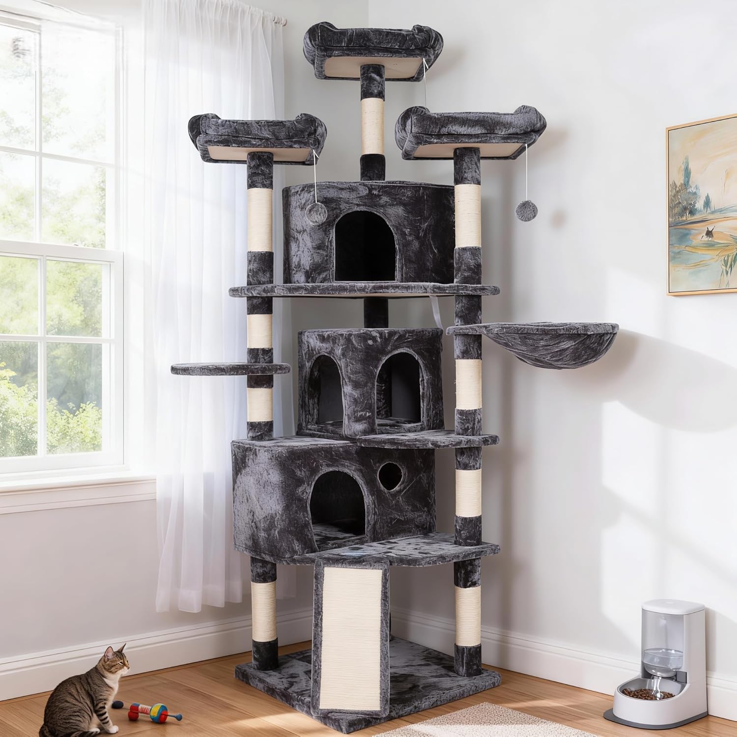Hey-brother XL Cat Tree, 73.4 inch Cat Tower with 3 Caves, 3 Cozy Perches, Scratching Posts, Board, Activity Center Stable for Kitten/Big Cat, Gray MPJ032G